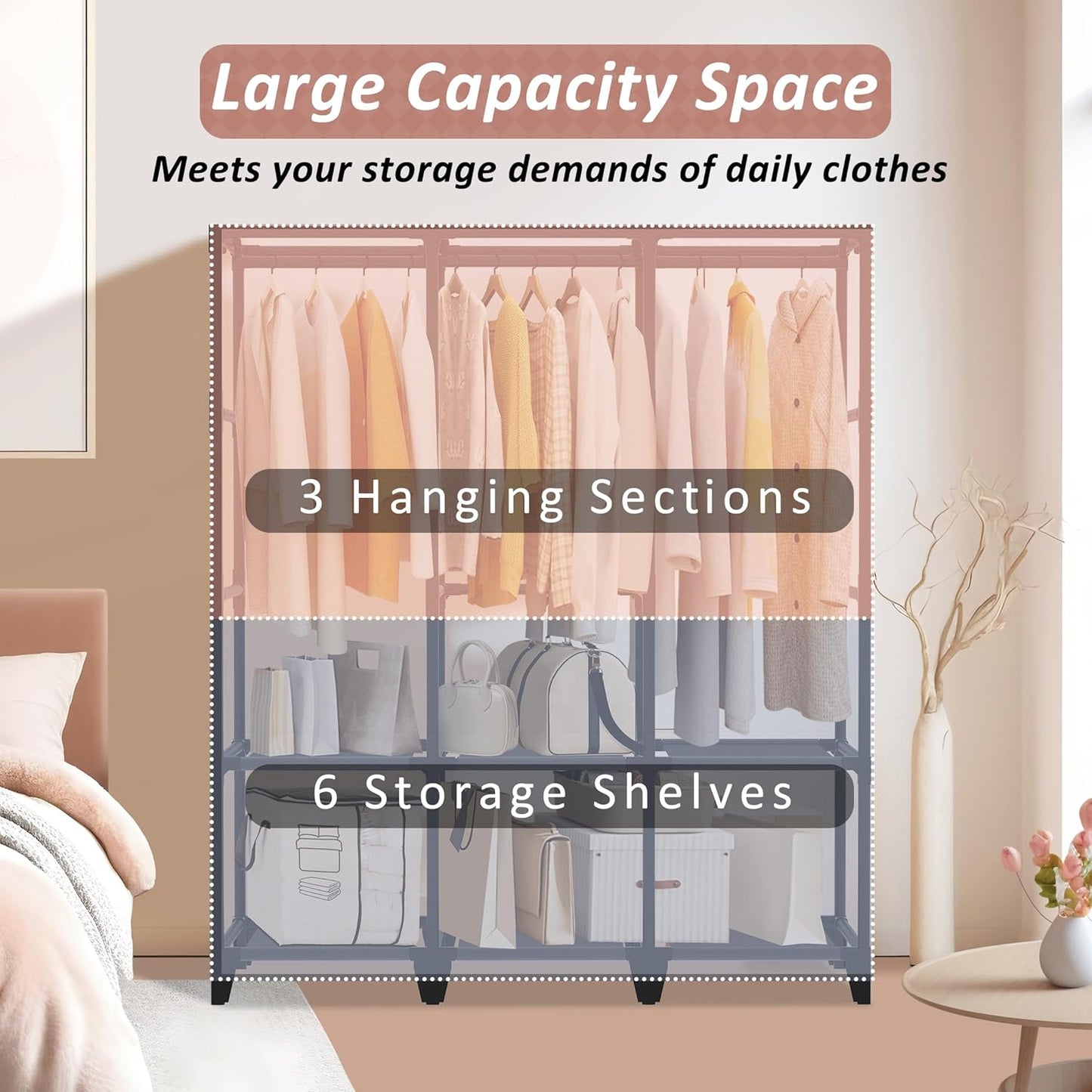 Portable Closet - Large Capacity Gray Wardrobe with 3 Hanging Rods, 6 Shelves & 8 Pockets | Easy Assembly for Bedroom & Living Room