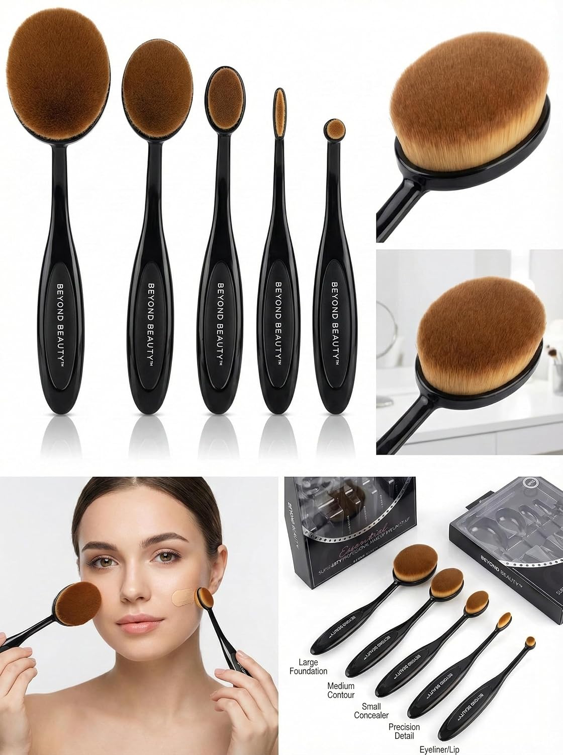 Beyond Beauty Oval Makeup Brush Set - 5-Piece Super Soft Synthetic Brushes for Flawless Foundation, Contour & Eye Makeup