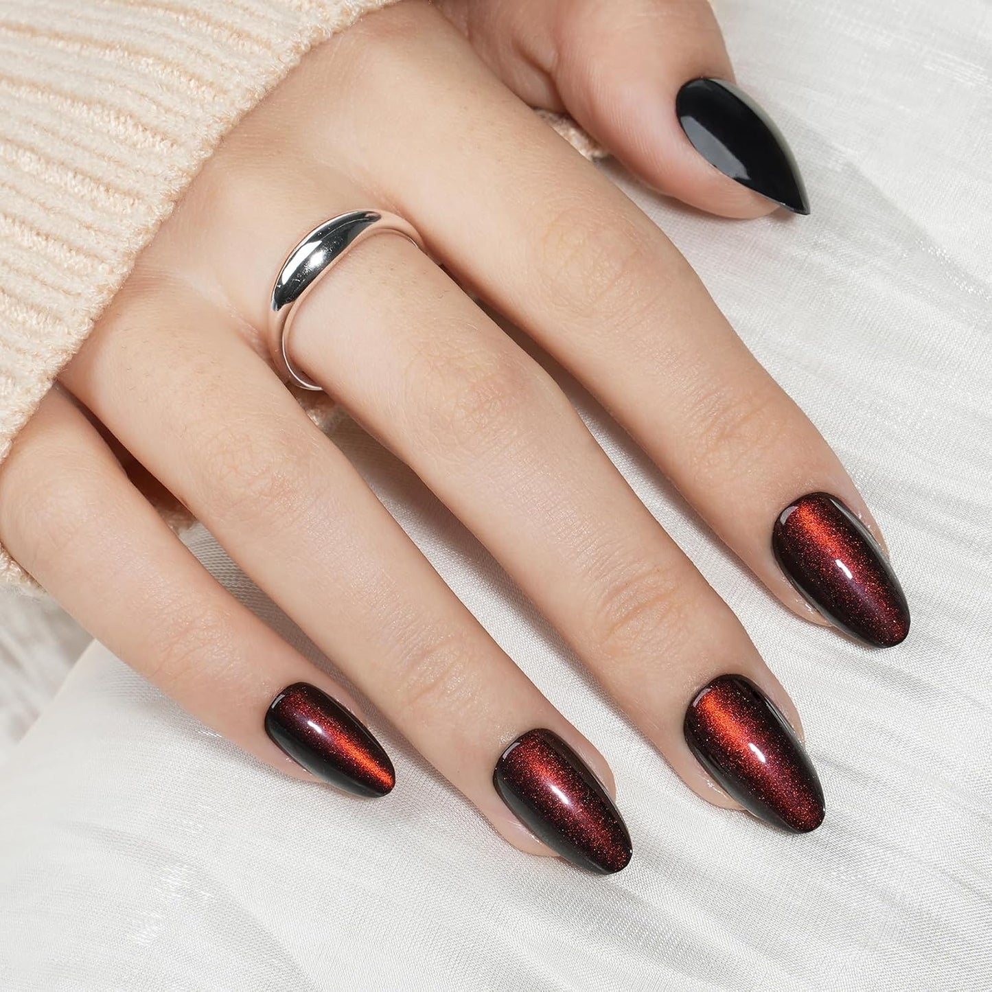 Cat Eye Press On Nails - Short Almond Fake Nails with Nail Glue | Reusable Brown Red 32-Piece Kit in 16 Sizes for Women & Girls