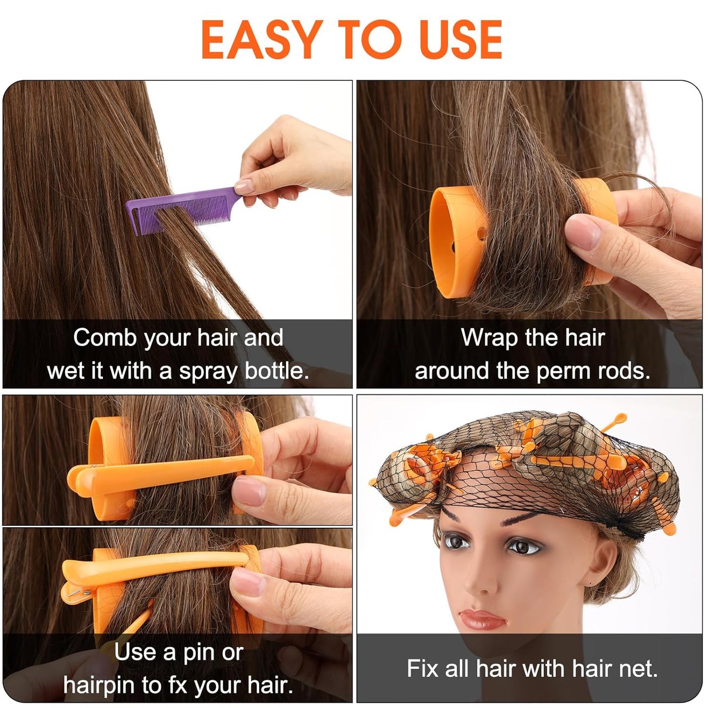 Hair Rollers Set - 141 Pcs Plastic Hair Rollers with Pins & Clips | Orange Color
