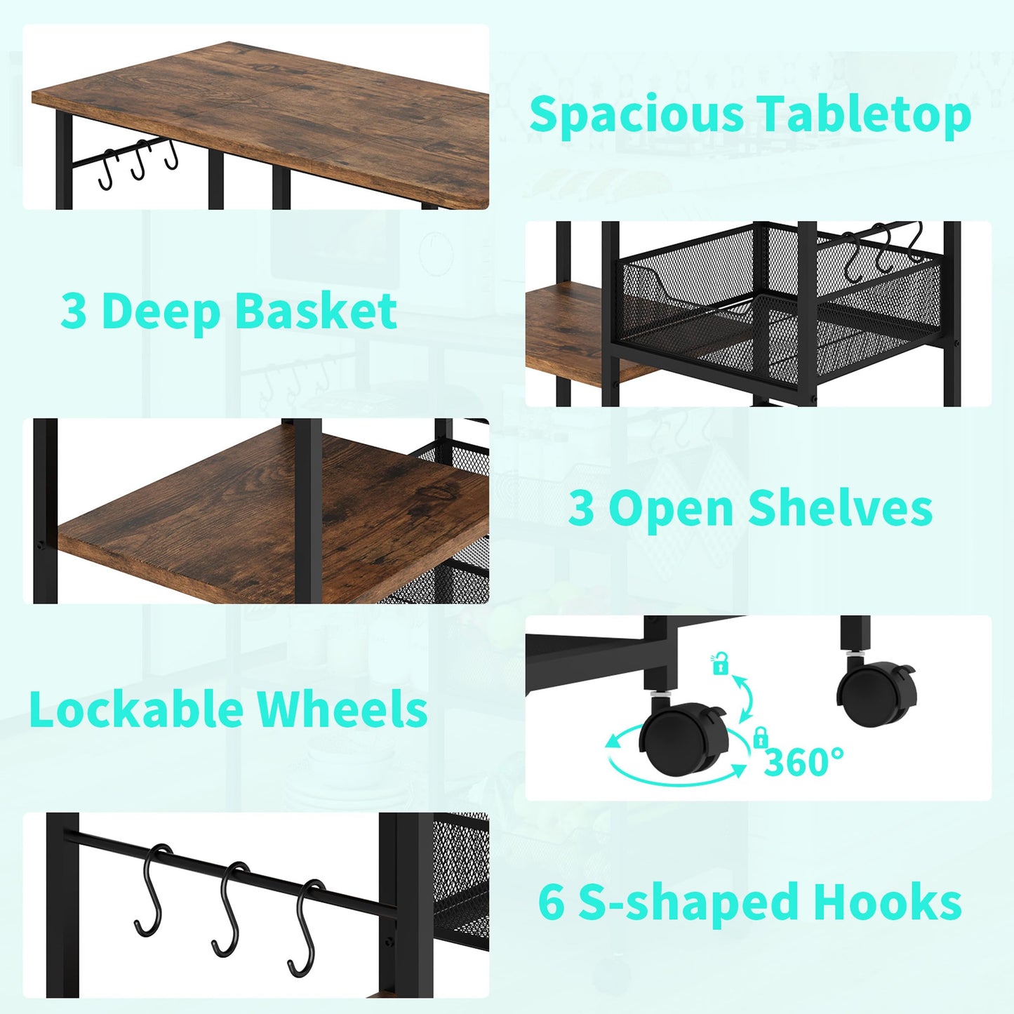 HapiRm Rolling Kitchen Carts with Storage - Microwave Table Stand with 6 Hooks & 3 Baskets, kitchen Island Cart on Lockable Wheels, 28.3" L × 14.6" W Bakers Rack Cart for Dining Room Coffee Bar Office