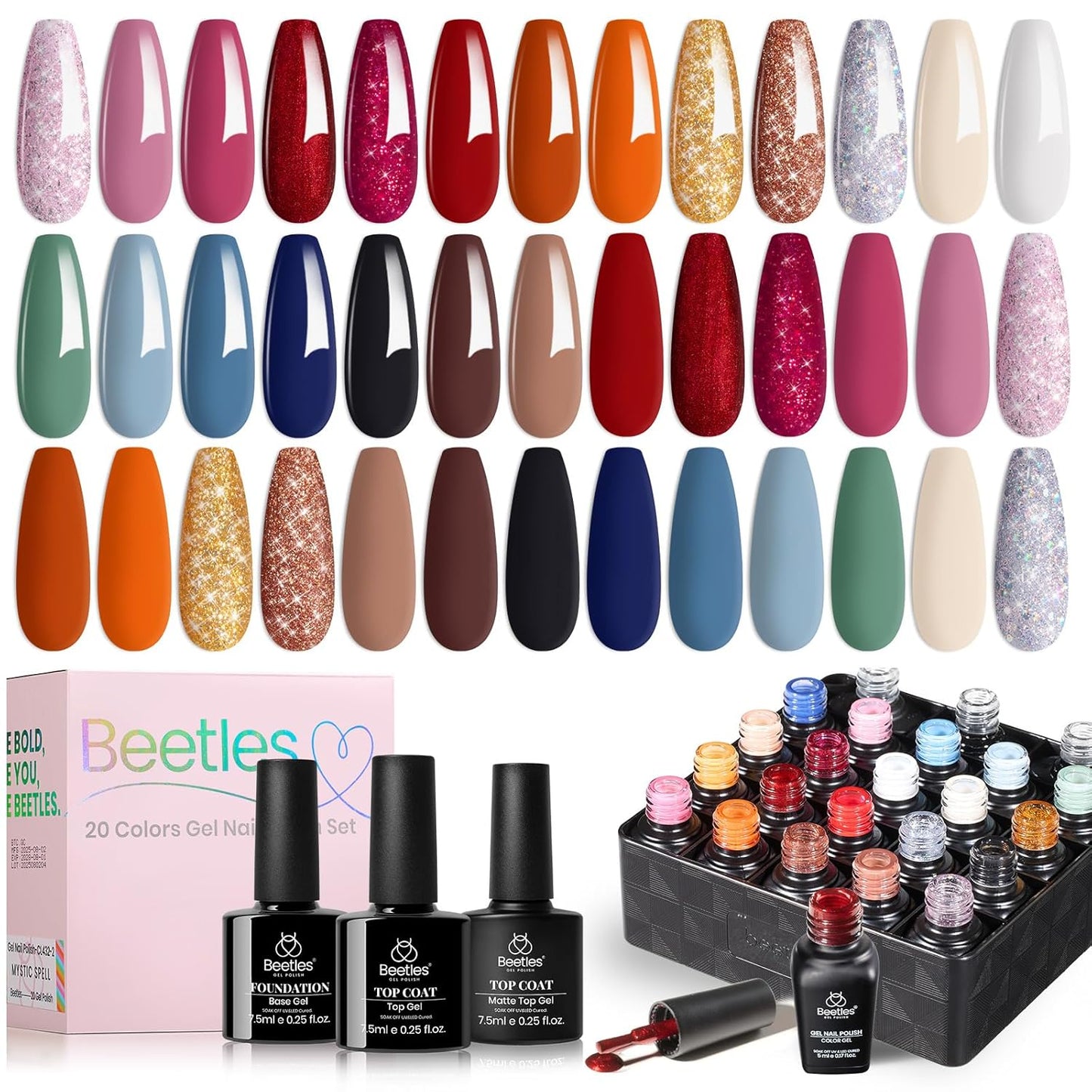 Beetles Gel Nail Polish Set - 32 Vibrant Colors | UV LED Soak Off Nail Kit with Base & Top Coat
