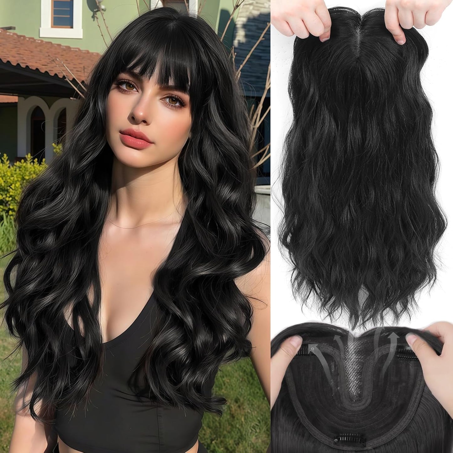 16 Inch Hair Topper for Thinning Hair - Synthetic Curly Clip-In with Wispy Bangs | Lightweight Black Crown Coverage