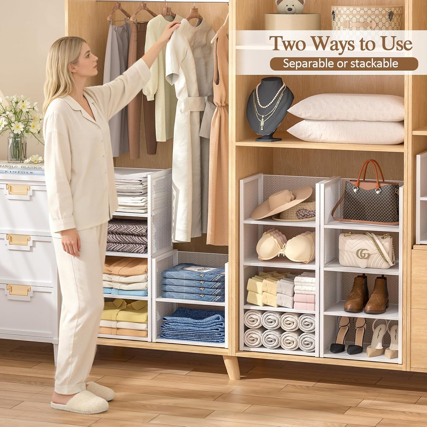 2-Tier Stackable Closet Organizers - Wire Shelf Storage Bins for Clothes | White Multifunctional Cube for Wardrobe & Laundry Room