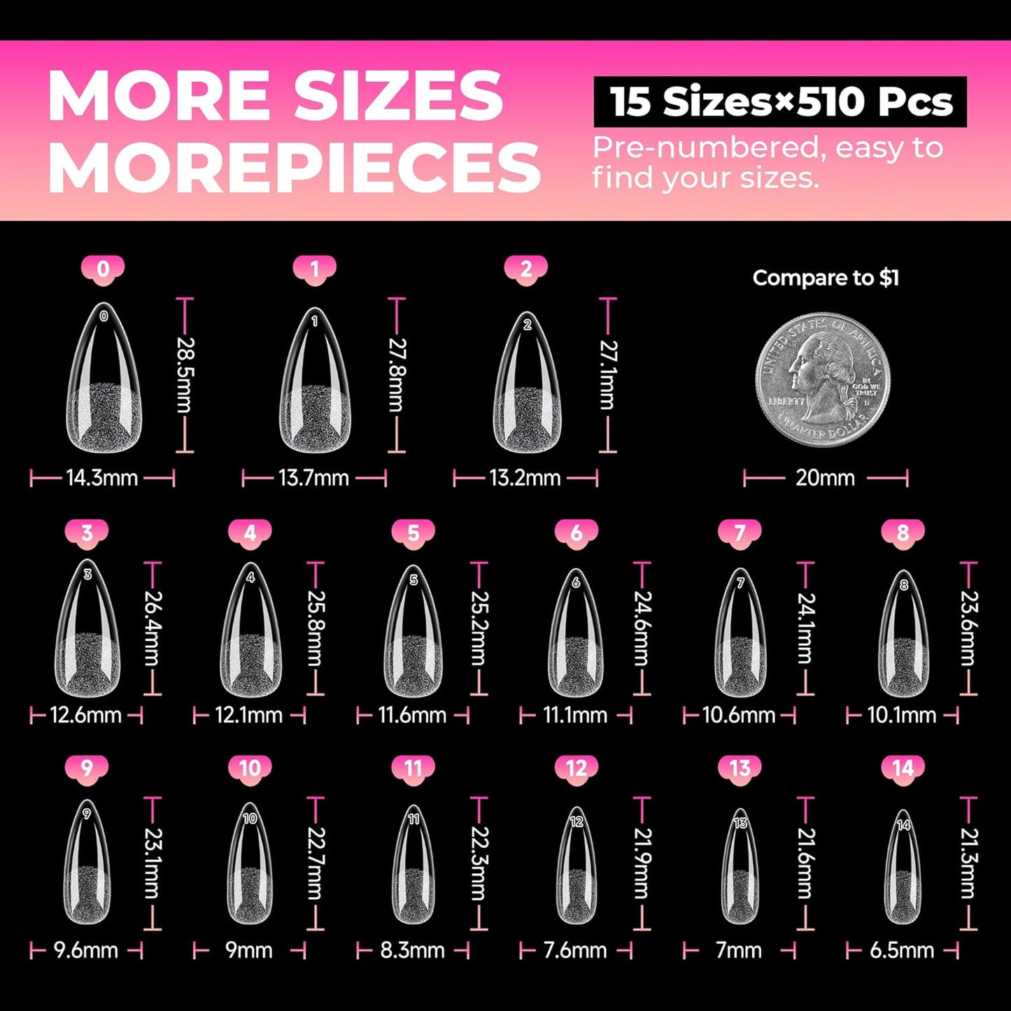 Stiletto Gel Nail Tips - 510 Pcs Medium Almond Full Cover Acrylic Press-On Nails | Pre-Etched for DIY Salon Use