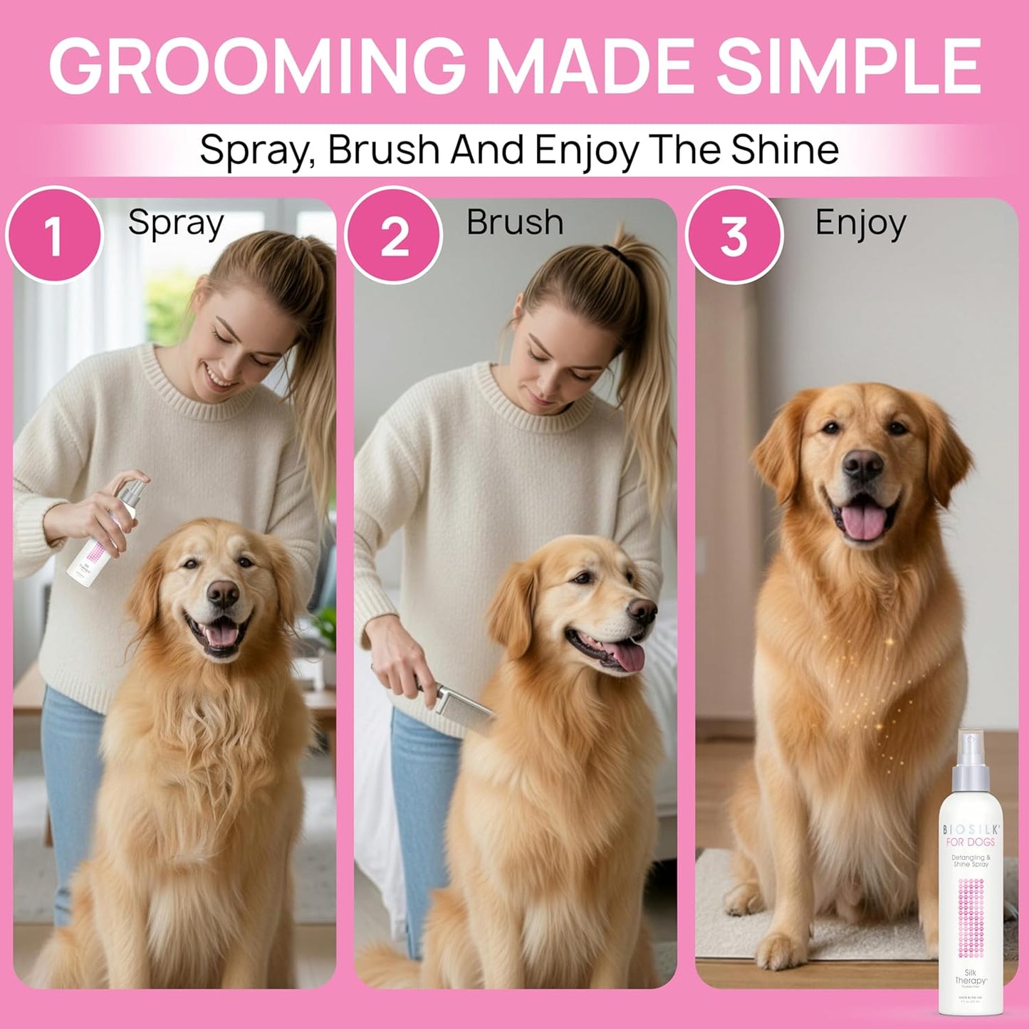 BioSilk for Dogs Detangling & Shine Spray - pH Balanced Leave-In Mist with Silk & Vitamins | 8 Fl Oz
