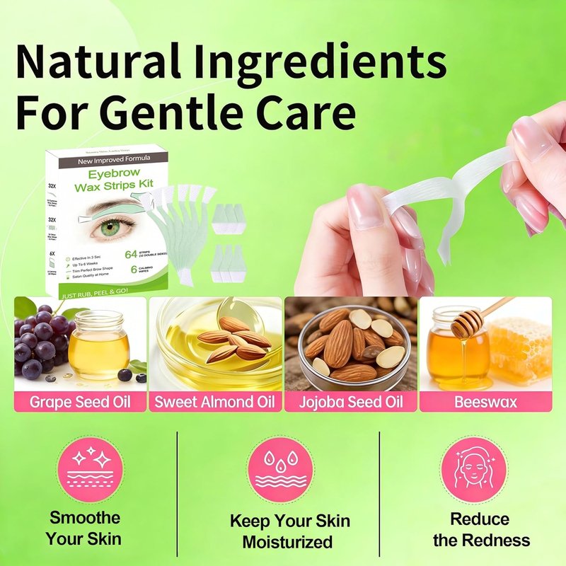 Eyebrow Wax Strips - 64 Pcs Natural Aloe Formula for Sensitive Skin | Hair Removal for Face, Upper Lip & Cheeks