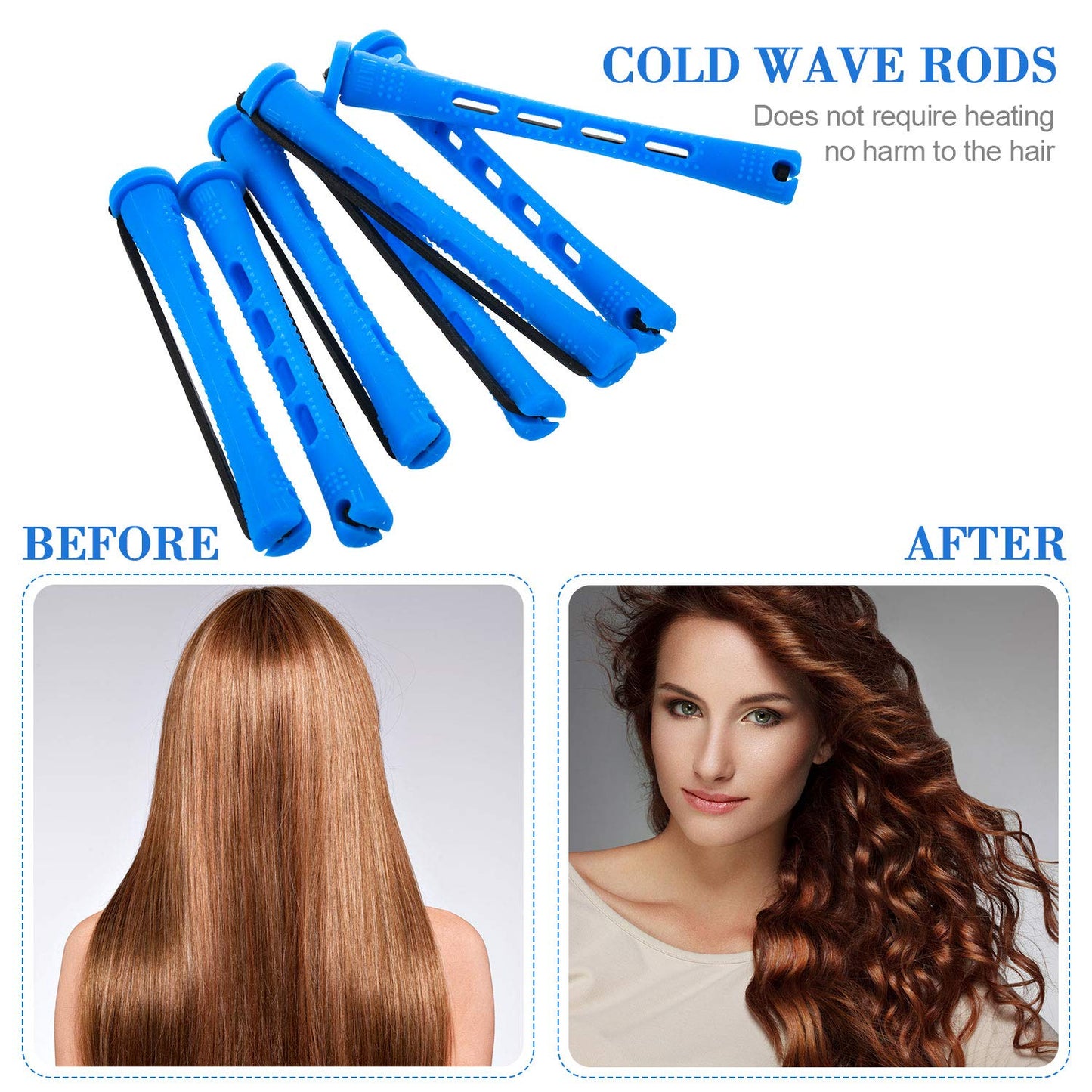 Cold Wave Plastic Curlers - 48 Pieces Hairdressing Set with Steel Pintail Comb | Blue, 0.35 Inch