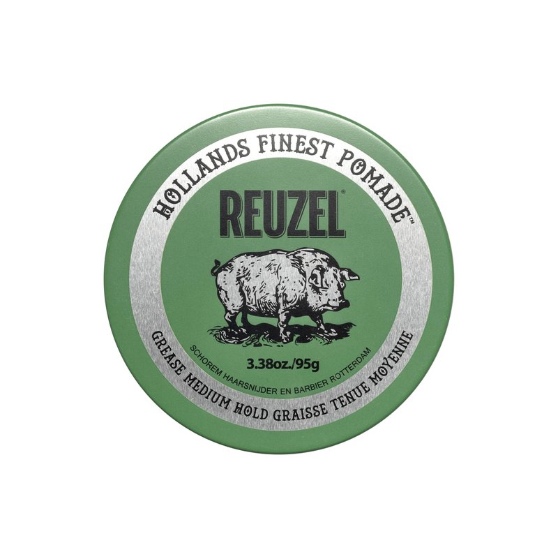 REUZEL Green Grease Pomade, Medium All Day Hold, Oil-Based Styling Wax, Medium Shine, Easy To Wash Out, For All Hair Types