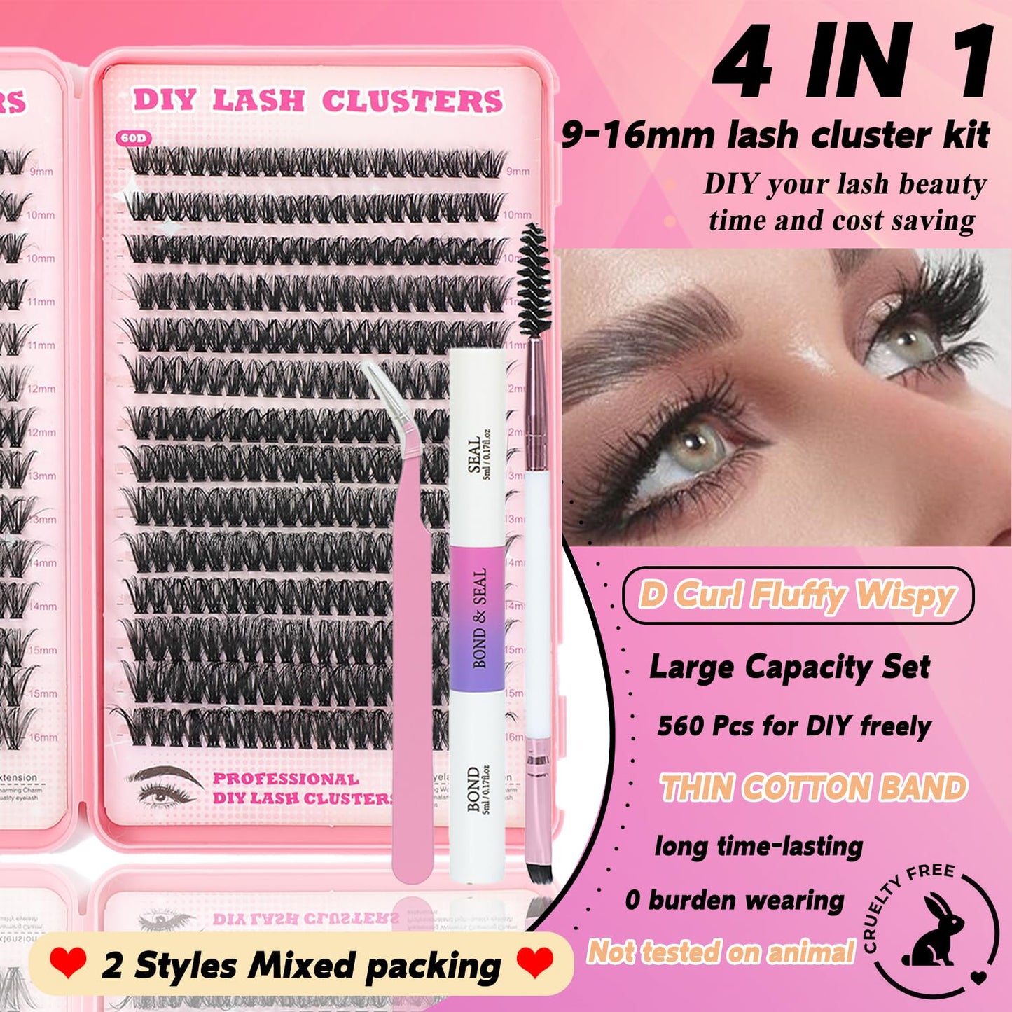 Eyelash Clusters Kit - 560 Pcs Fluffy D Curl Individual Lash Extensions | 9-16mm Length