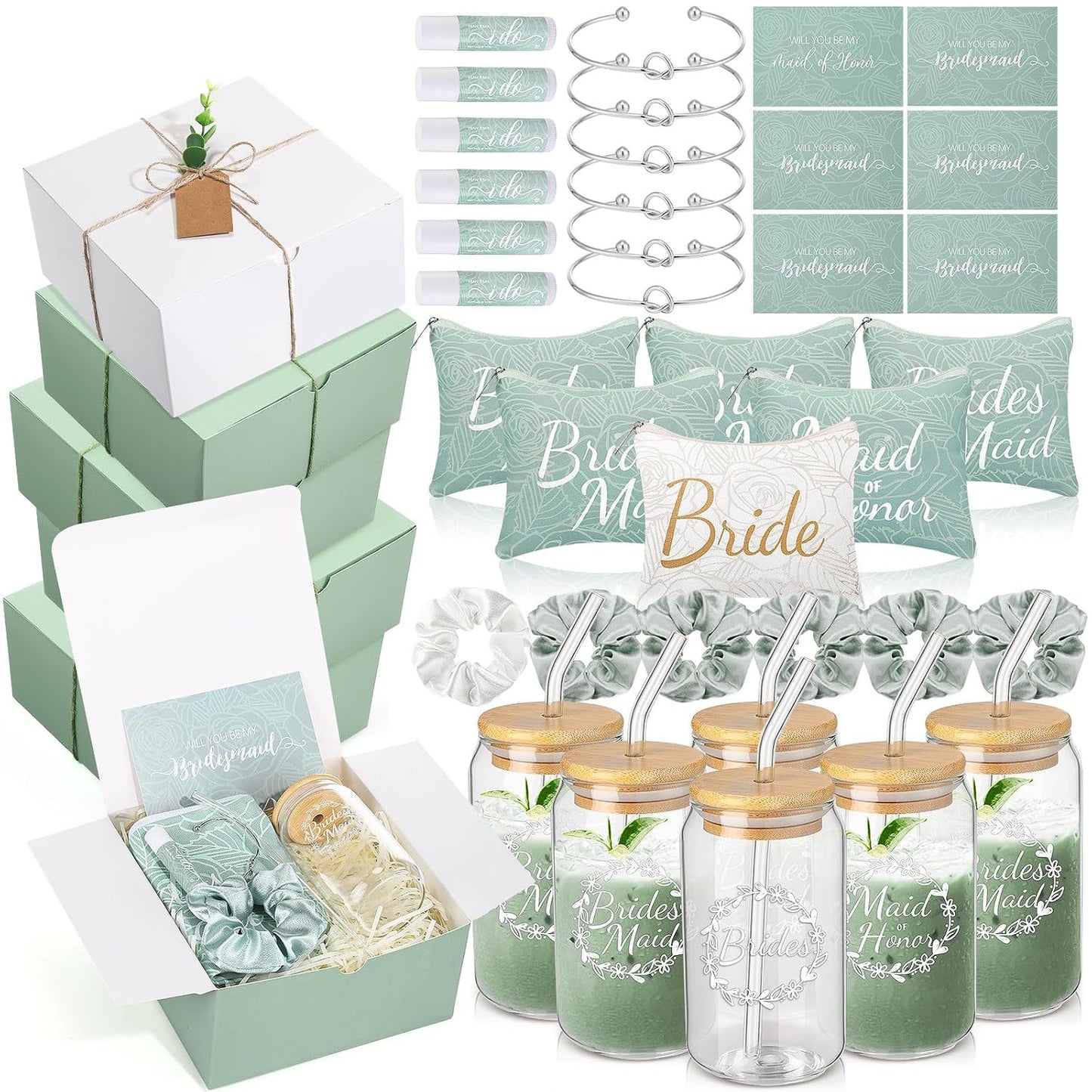 Bridesmaid Proposal Gifts - 54 Pcs Set with Makeup Bag, Glass Cup & Bracelet | Green & White