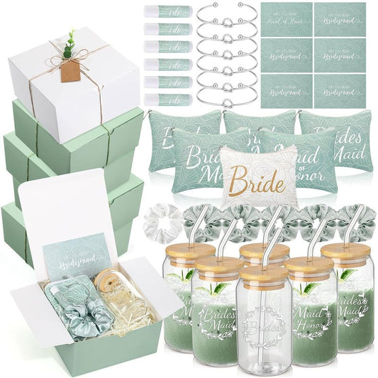 Bridesmaid Proposal Gifts - 54 Pcs Set with Makeup Bag, Glass Cup & Bracelet | Green & White