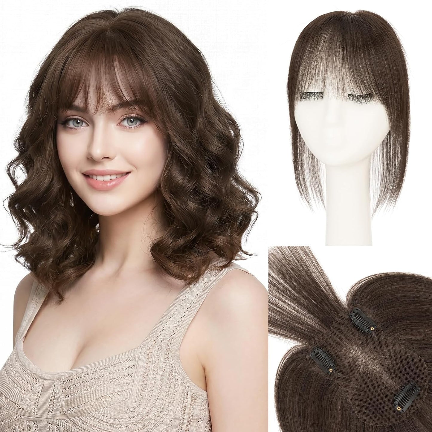 **Hair Toppers for Women - Real Human Hair with Curtain Bangs | 10-Inch Lace Base Clip-In Piece - #02 Dark Brown**