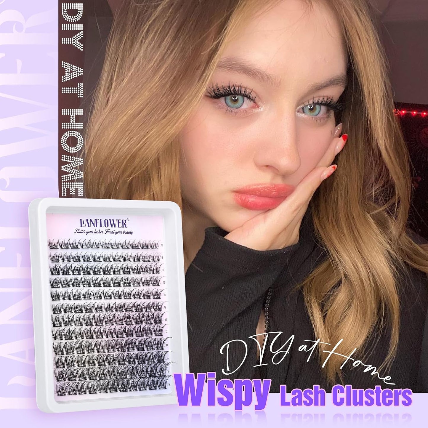 Natural Lash Clusters Kit - Wispy C Curved Eyelash Extensions | 8-16mm Individual Lashes with Bond & Tweezers