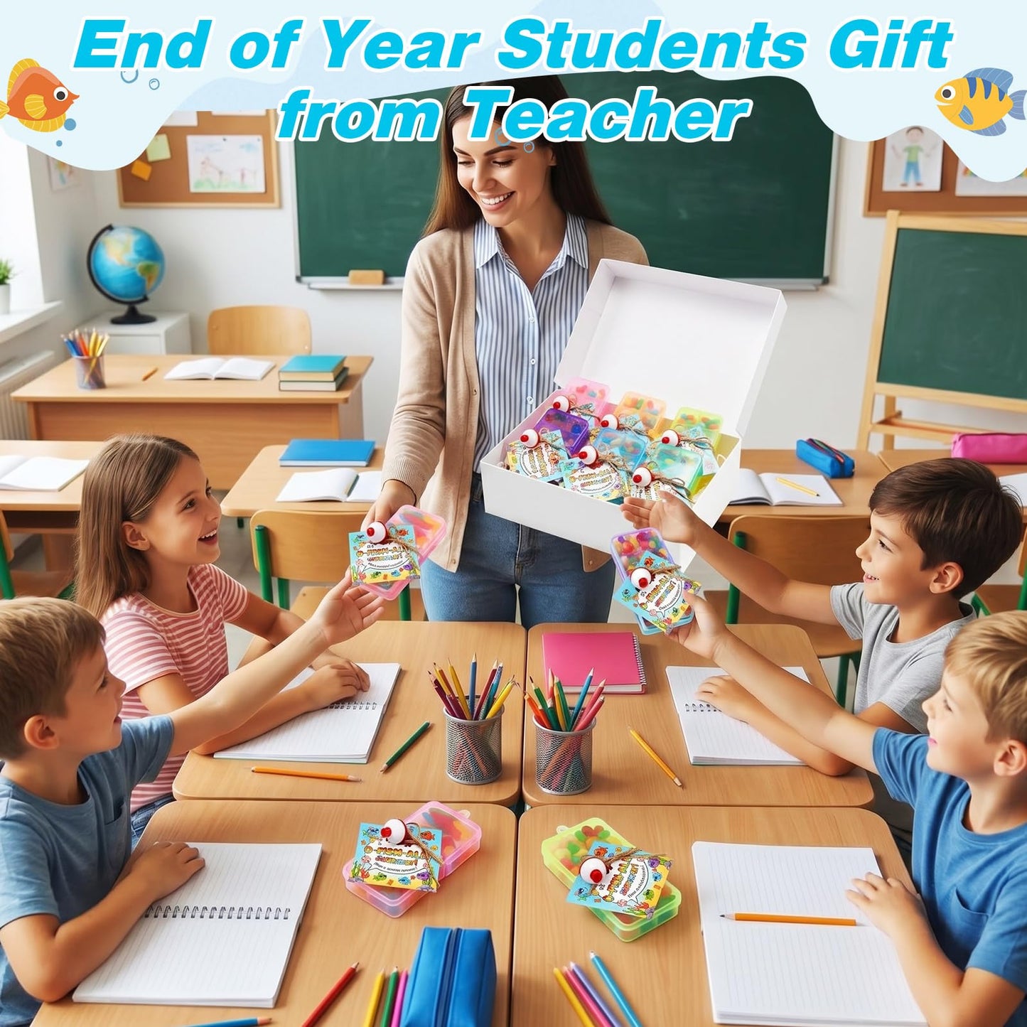 Teyva Daily End of Year Gifts for Students from Teacher Bulk Fishing Party Favors Little Tackle Boxes with Cards End of School Year Gifts Preschool Kindergarten Rewards (Colorful,Square,24 Set)