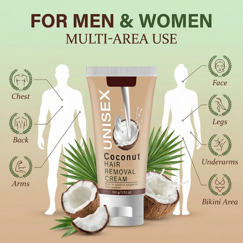 Grospe Coconut Hair Removal Cream for Men & Women, Painless Body Depilatory Cream for Sensitive Skin, Gentle Hair Remover for Face, Legs, Chest, Back and Bikini Area, 3.52 oz