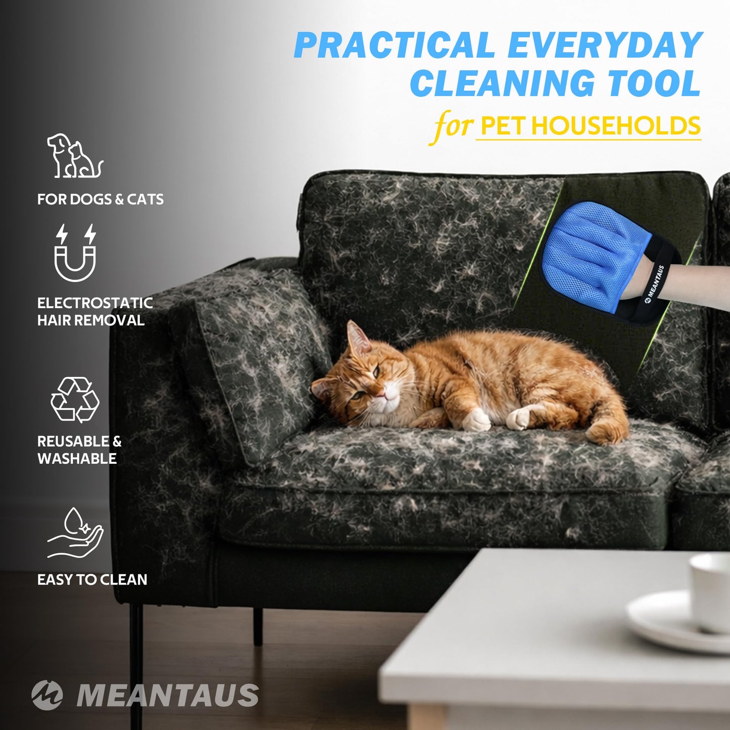 MEANTAUS Reusable Electrostatic Pet Hair Removal Glove for Dogs & Cats, Works on Furniture, Clothing, Bedding & Car Seats (Standard)