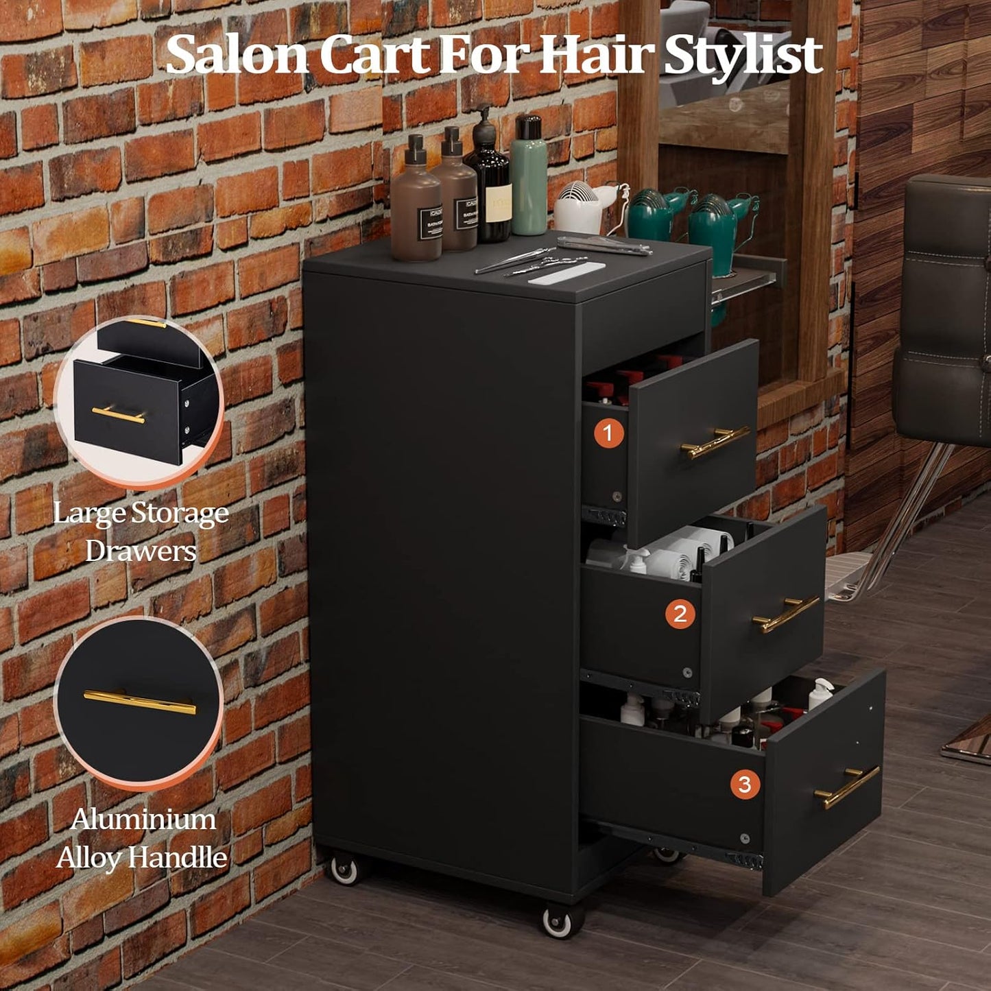 Salon Trolley Cart - 3-Drawer Rolling Hair Styling Station with Wheels | Mobile Beauty Trolley for Salon, Barbershop, Spa & Tattoo - Black