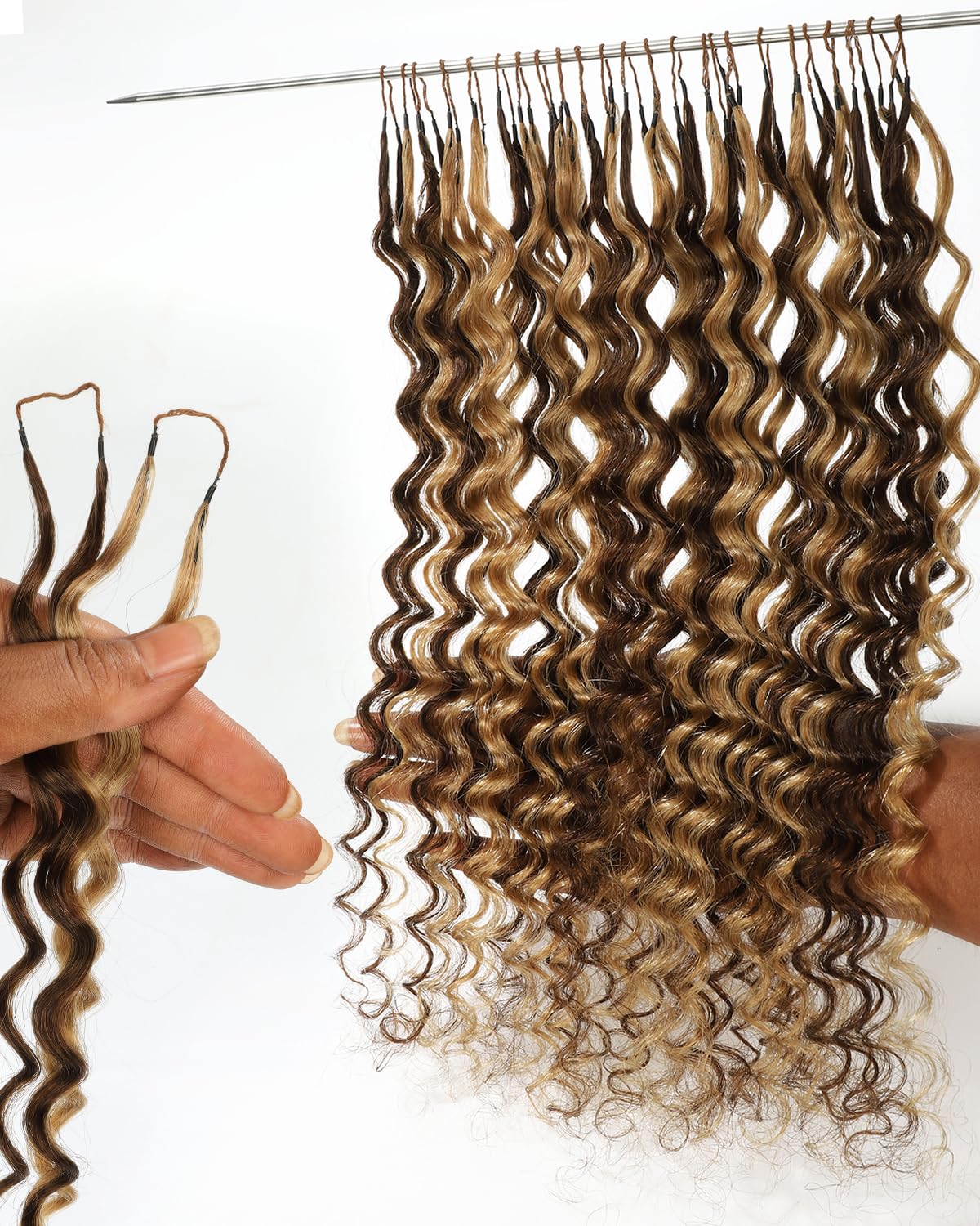 BEEOS Deep Wave Highlights Crochet Human Hair P4/27, Pre-Separated Miracle Knots Feather Crochet Hair for Women, Brown with Honey Blonde 160g 20 Inch