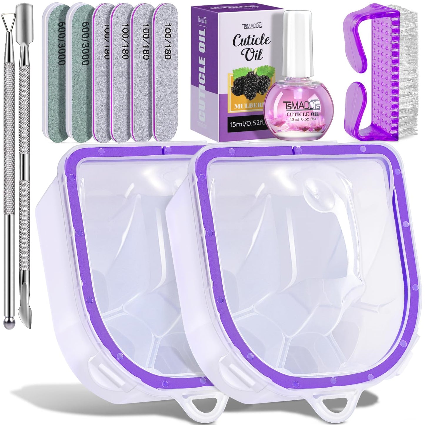 Nail Polish Remover Kit - 2 Soaking Bowls, Cuticle Tools, Oil, Files & Buffers | Complete Manicure Set