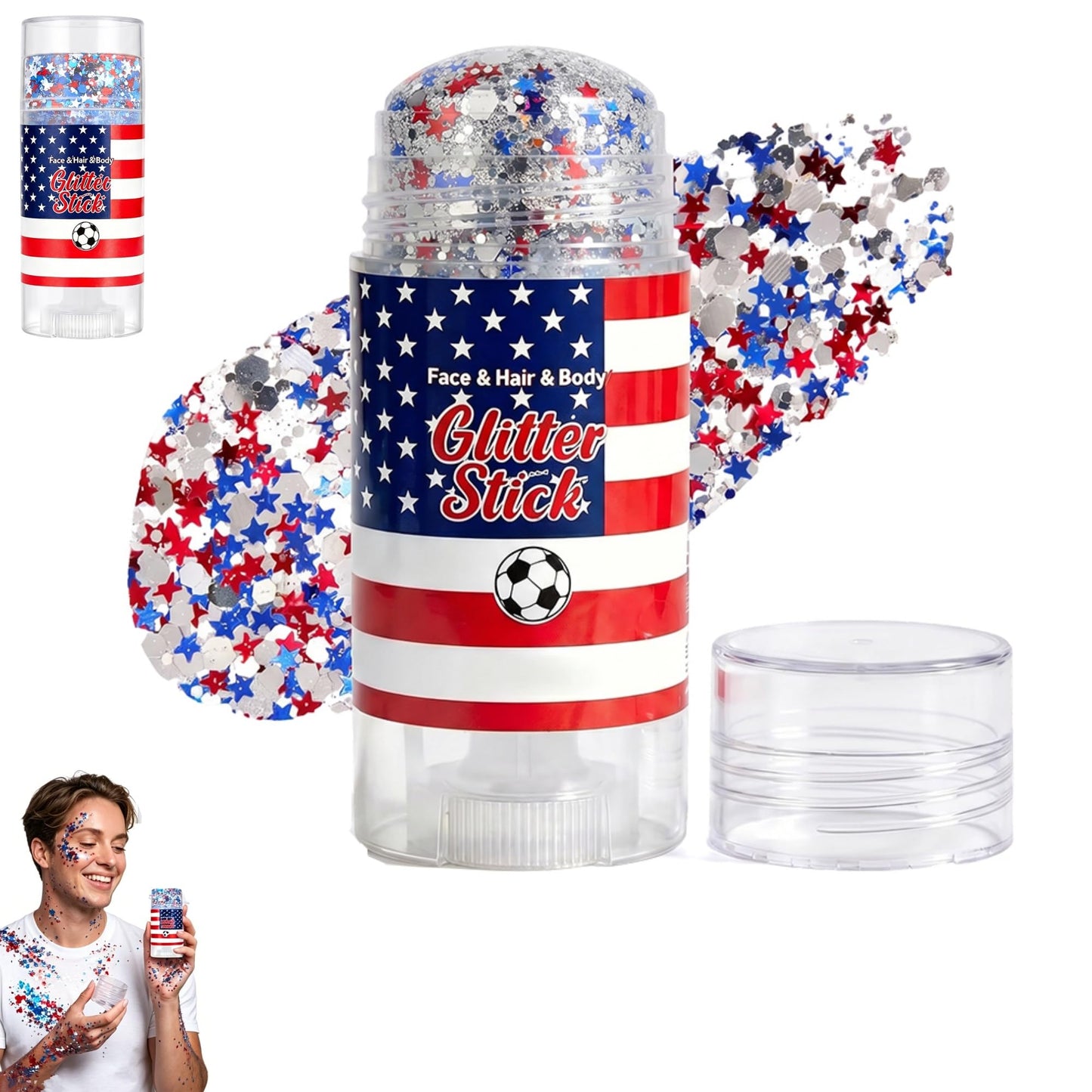 4th of July Patriotic Body Glitter Stick, Red White Blue Face Glitter Stick, Waterproof Red White Blue Glitter Stick, Sparkling Face & Body Makeup with Star Sequins (White-1PC)