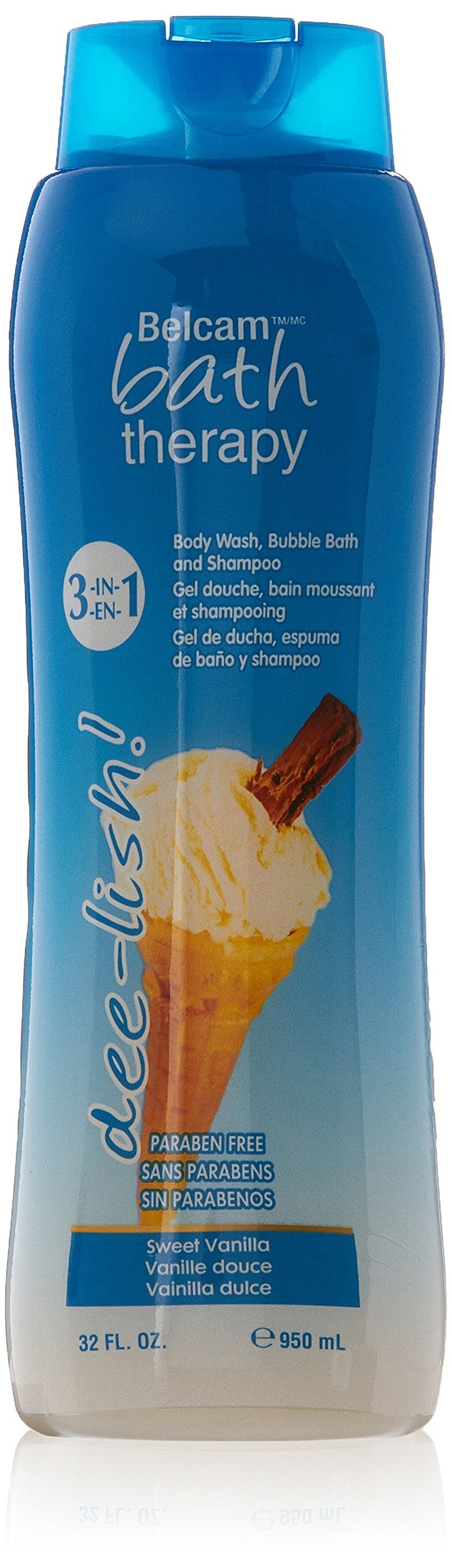 Belcam Bath Therapy 3 in 1 Body Wash, Bubble Bath & Shampoo, Sweet Vanilla, 32 oz,WHITE