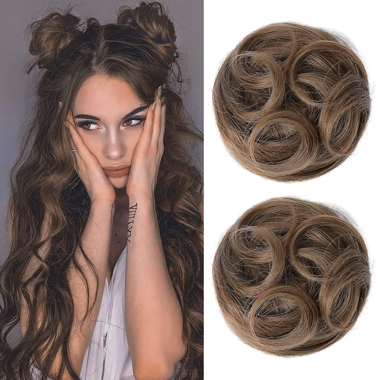 Mini Claw Clip Hair Bun Extensions - 2 PCS Messy & Cat Ears Updo Accessories | Golden Blonde Mix