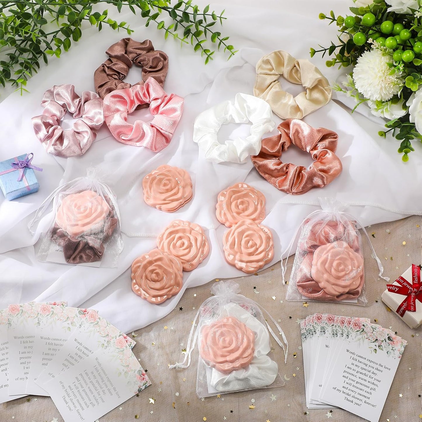Rose Compact Mirror Set - 30 Bulk Bridal Shower Favors | Pink Souvenir Gifts with Hair Ties & Thank You Cards