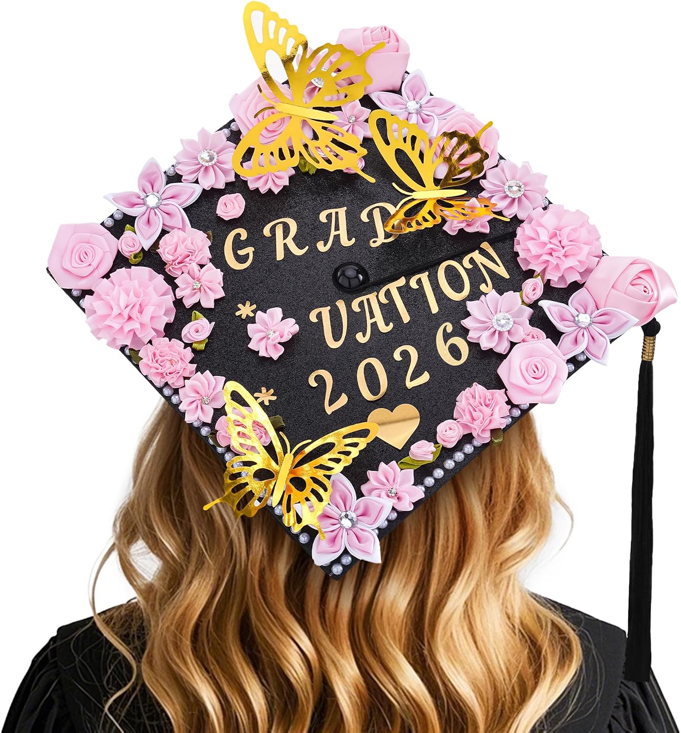 Graduation Cap Decoration Kit - 56 Pcs DIY Pink Flowers, Rhinestones & Glitter Butterflies | 2026 Grad Hat Topper