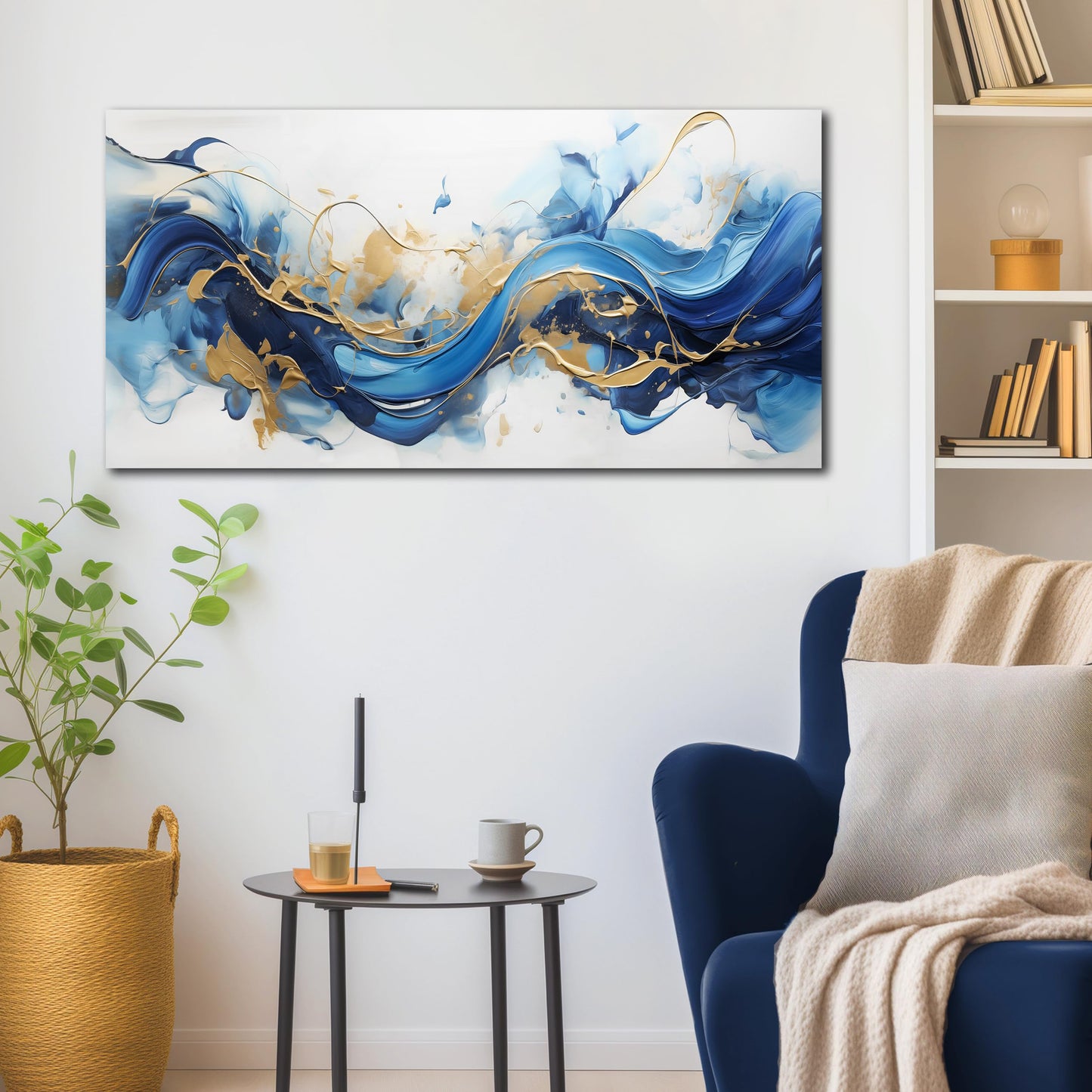 AUUZAIUA Abstract Canvas Wall Art for Living Room Blue and Gold Fluid Wave Pictures Modern Artwork for Bedroom Office Canvas Prints 20x40 Inches