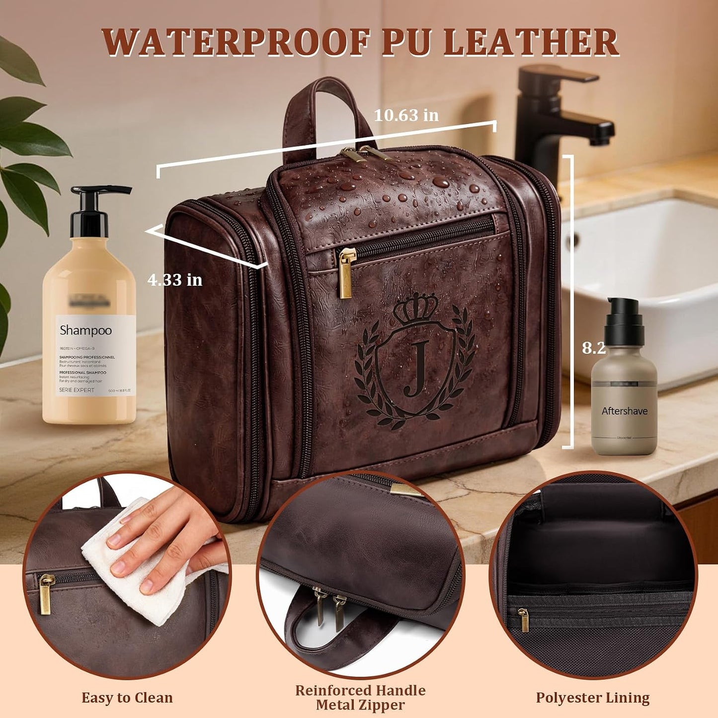 Personalized Leather Travel Toiletry Bag | Men's Dopp Kit Organizer - Tan Brown with Initial J