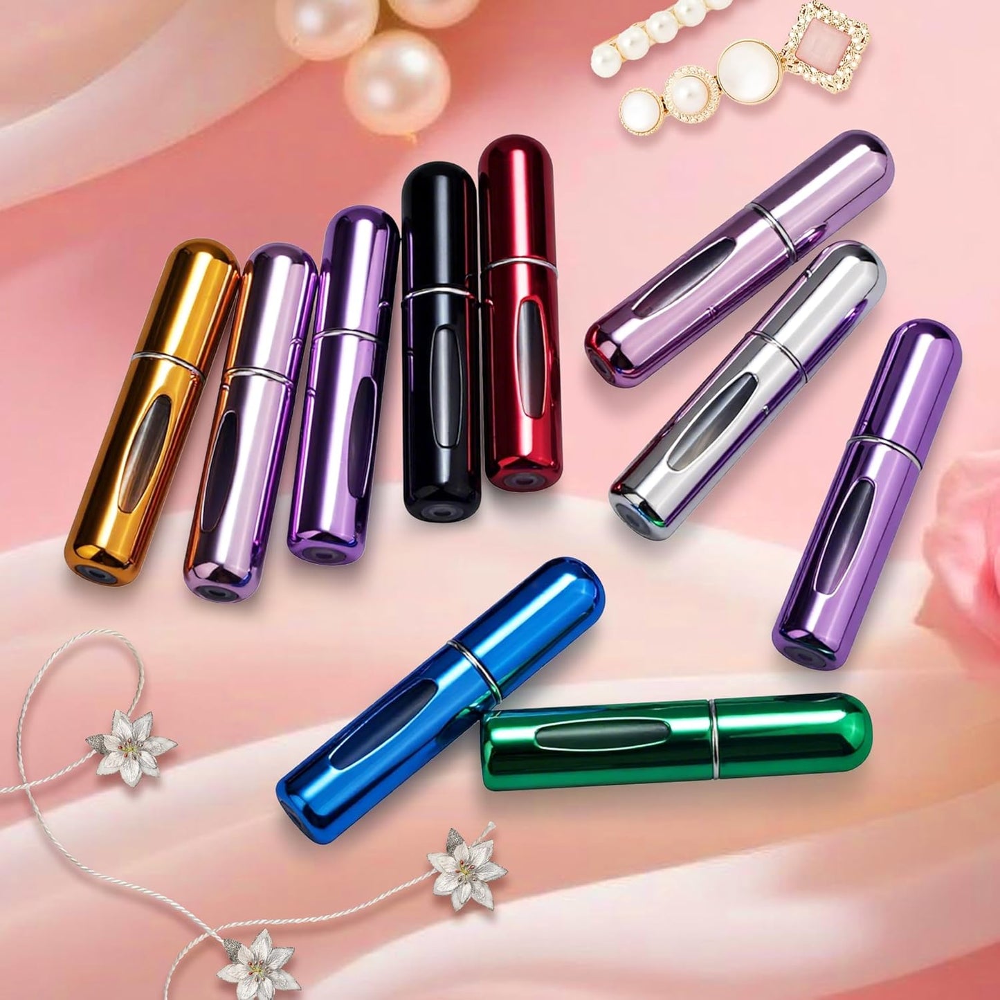 Refillable Perfume Atomizer Bottle - Portable Travel Spray, 5ml | 4 Pack in Silver, Purple, Blue, Gold, Pink, Black