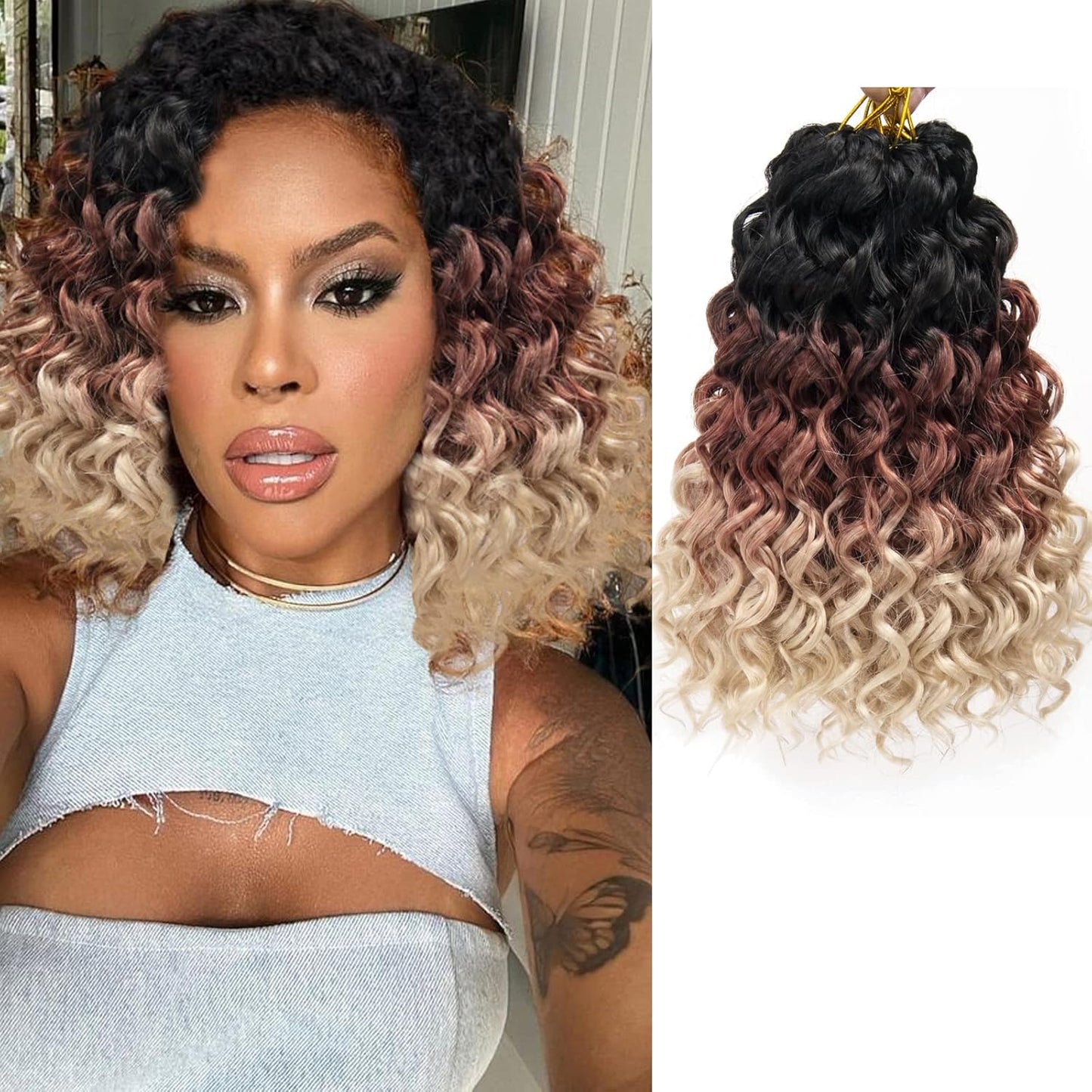 Water Wave Crochet Hair Extensions - Blonde Synthetic Bohemian Braids | 14 Inch Deep Wave (27#)