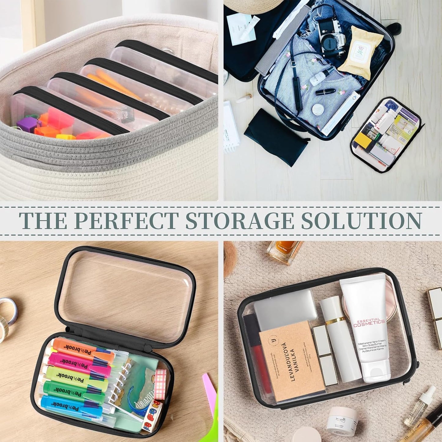 Clear Hard Shell Zipper Case - 3 Pack Waterproof Makeup Organizer | Medium Size Black Travel Toiletry Bag