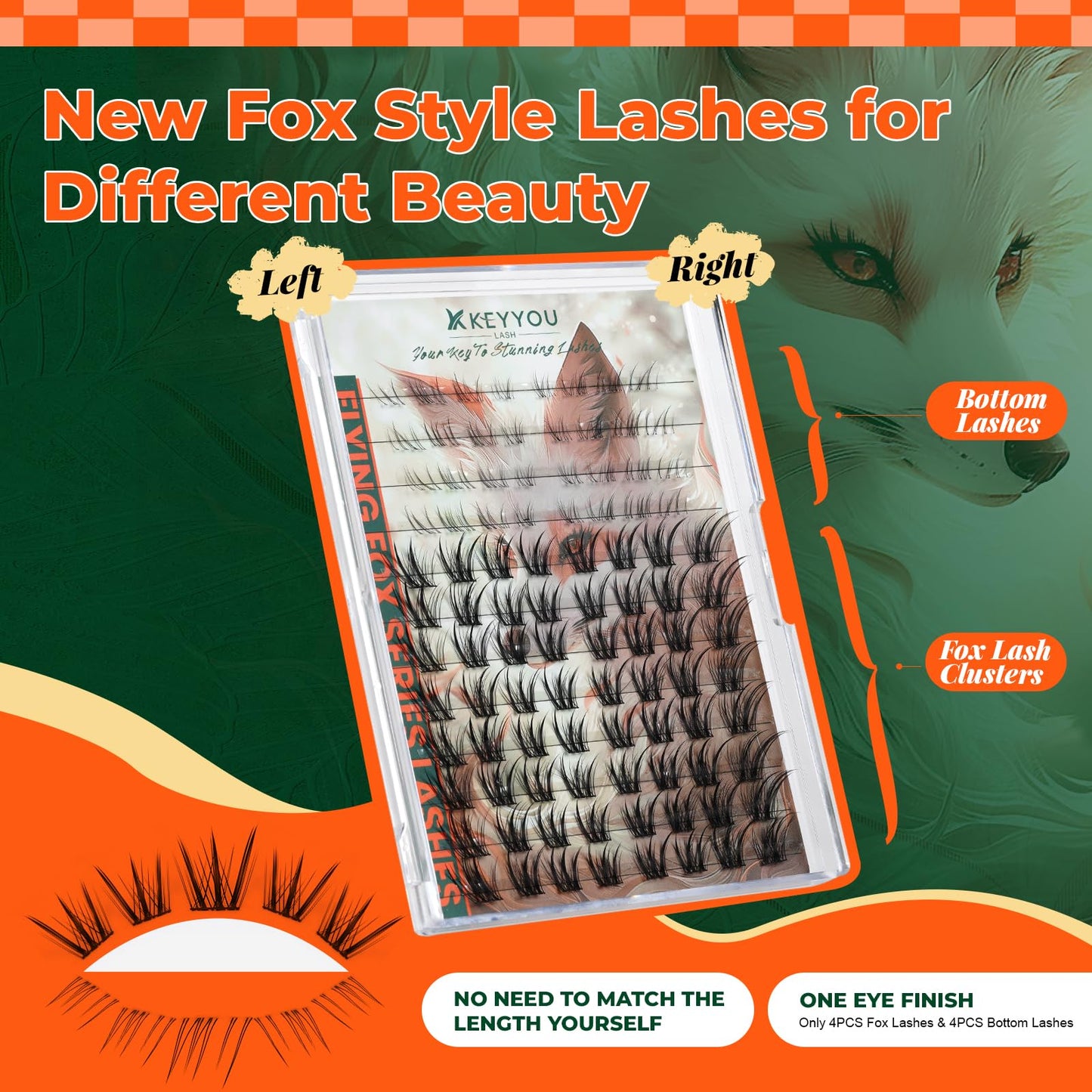 KEYYOU Lash Clusters Kit 96pcs Fox Eye Lashes Lash Extension Kit with Bottom Lash Clusters and Spikes Eyelash Extension Kit with Bond and Seal Applicator and Remover for DIY Fox Lashes at Home(TuShan)