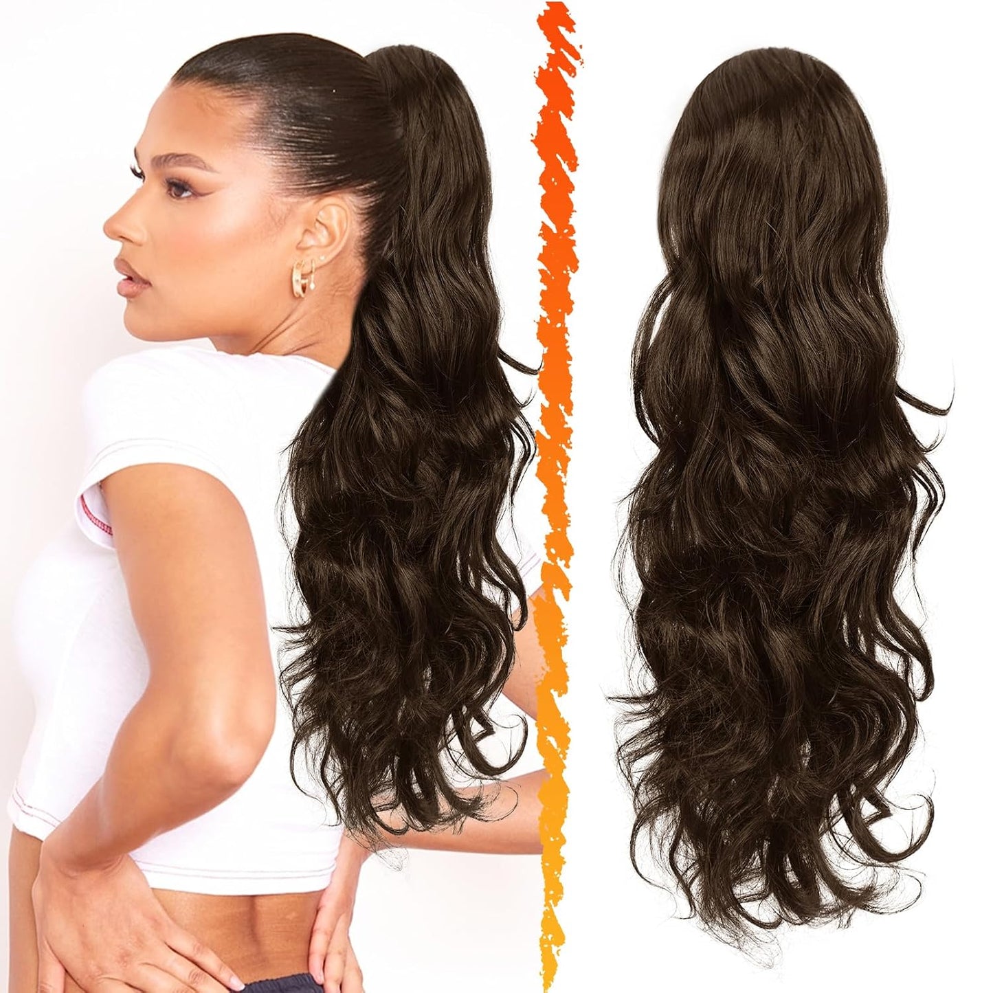 Highlight Ponytail Extension - 20 Inch Curly Wavy Drawstring Hairpiece for Women | Ash Brown & Blonde