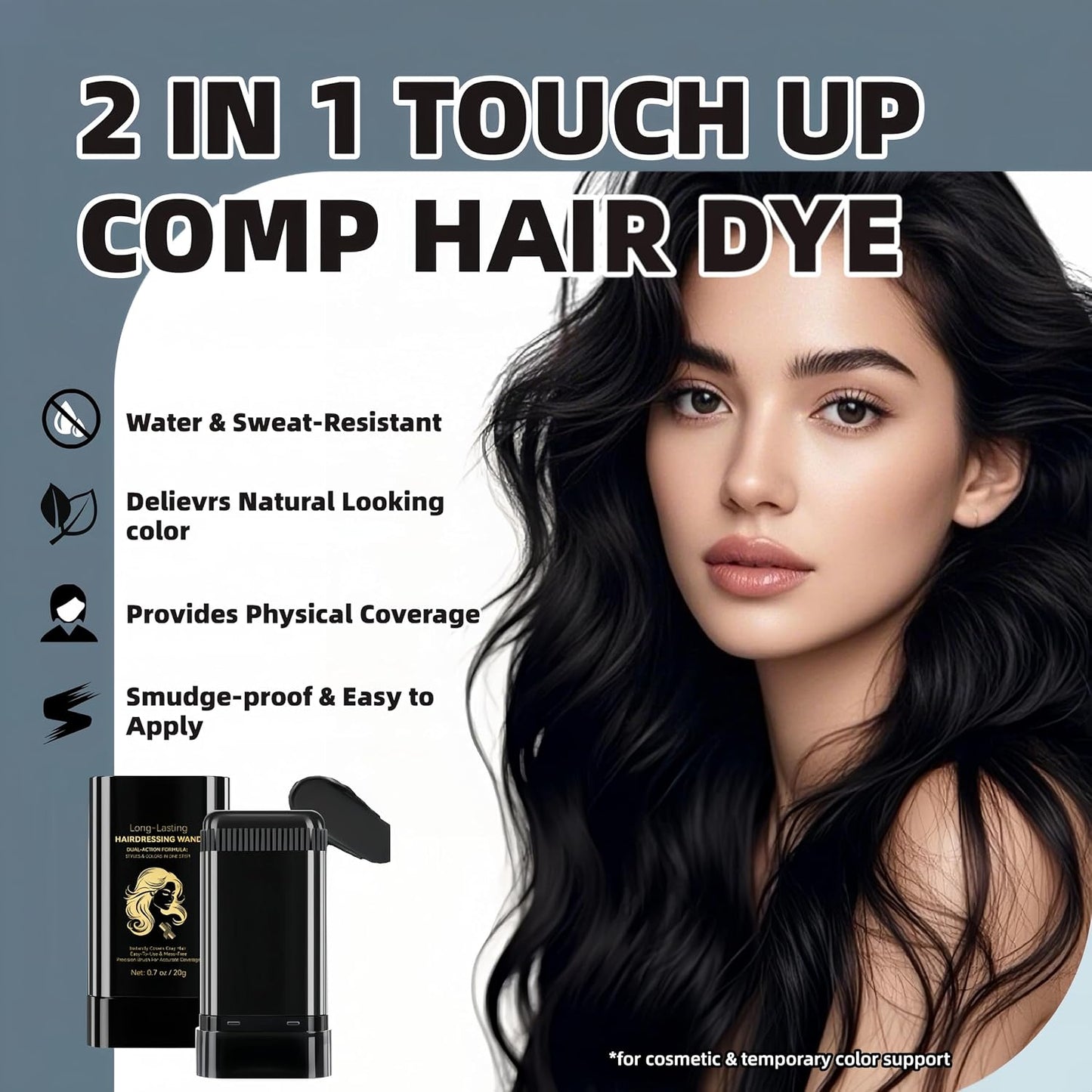 Temporary Hair Dye Comb - Gray Hair Coverage & Touch-Up | Non-Irritating, Smudge-Proof Formula (Black)