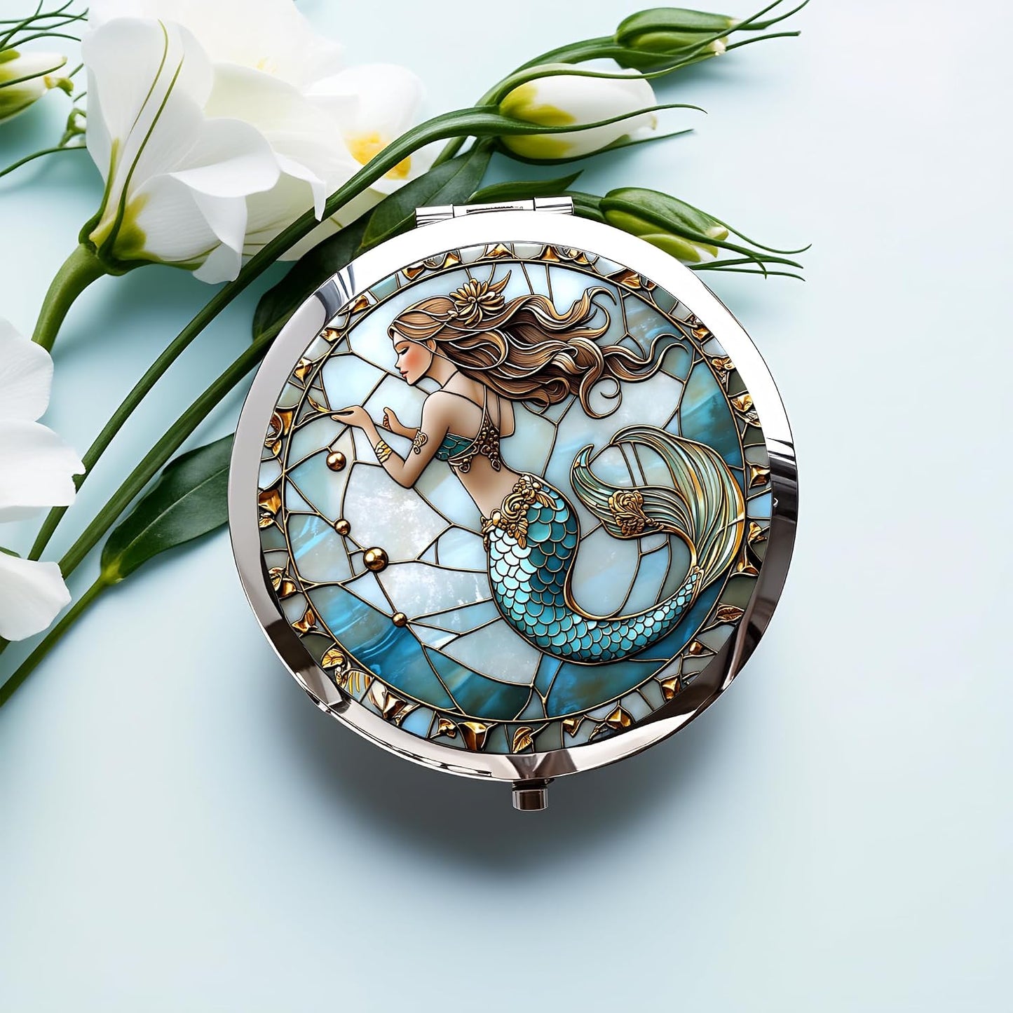 Double-Sided Silver Compact Mirror - 2.8x2.8 Inch Mermaid Design | Perfect Gift for Women