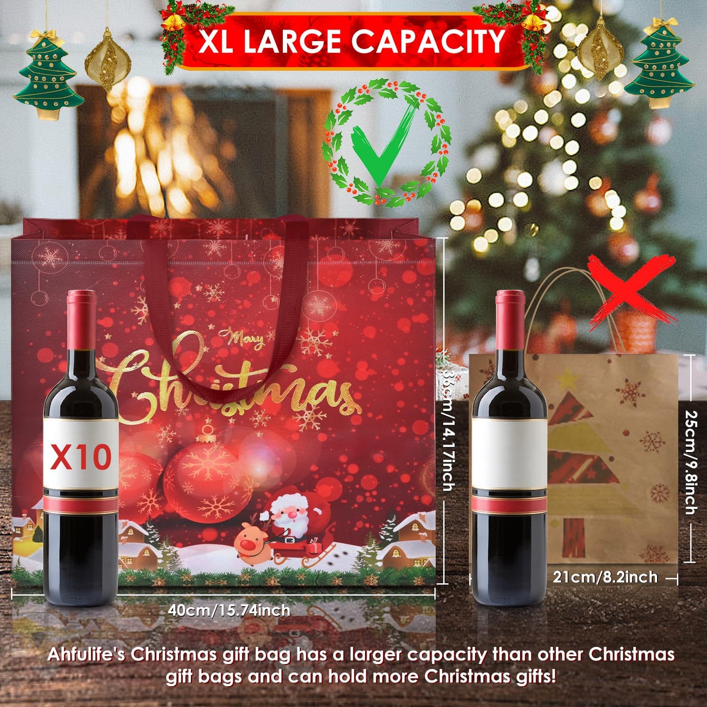 AhfuLife 12PCS Extra Large Christmas Gift Bags, 15.7'' x 14.2''x 5.9'', Christmas Tote Bags with Handles, Reusable Non-woven Shopping Bag for Xmas's Party Supplies New Year Decorations