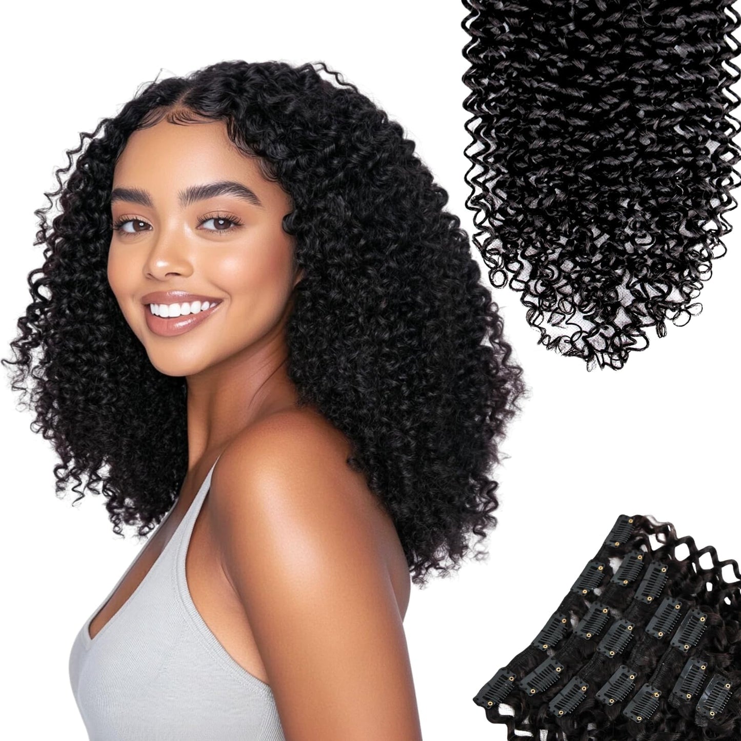SIYUSI Kinky Curly Clip In Hair Extensions, 3C 4A 100% Brazilian Remy Human Hair Clip Ins, Invisible & Scalp-Friendly, Natural Black Color, 3.52oz, 7Pcs 18 Inch