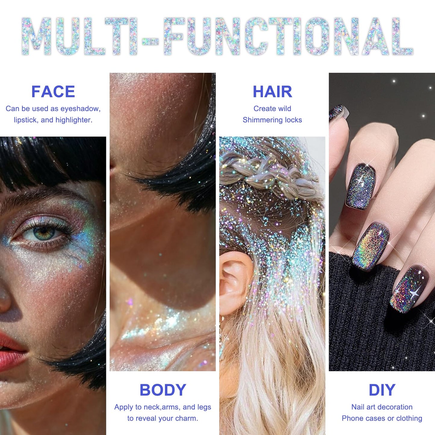 Roll-on Holographic Body Glitter Gel for Face and Hair, Chameleon Color Changing Glitter Gel Under Light, Chunky Mermaid Sequins Shimmer Makeup for Halloween Party Rave Accessories (Glint-Rainbow)