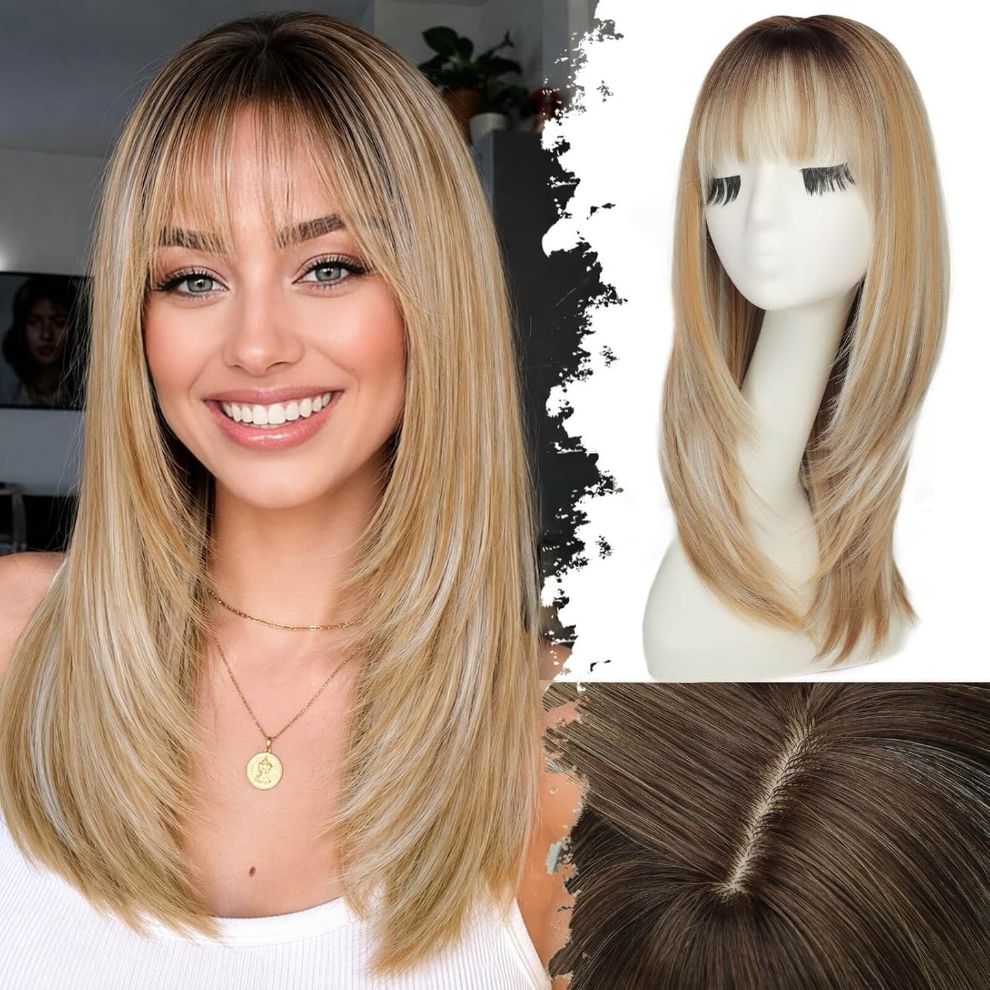 Beginner-Friendly Ash Blonde Wig with Bangs - 4x4 Glueless Synthetic Hair, Medium Length, Face-Framing Layers
