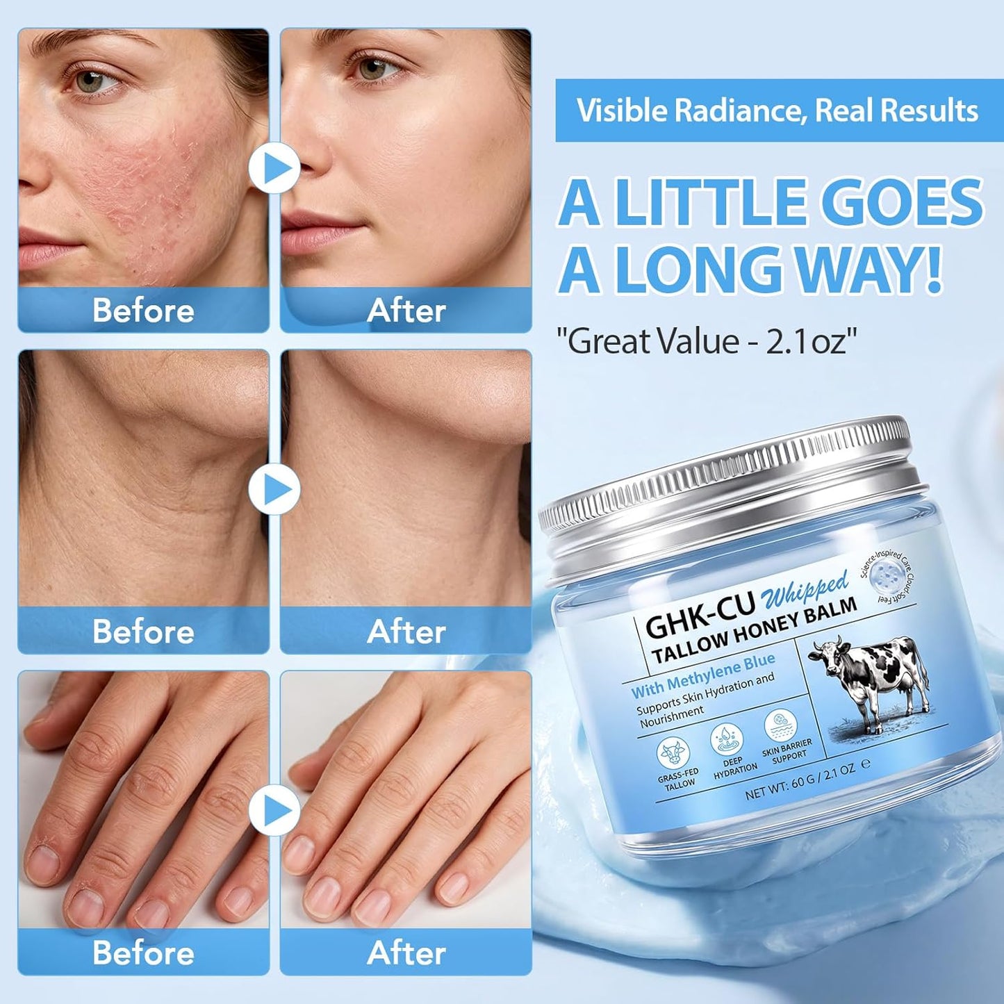 Copper Peptide GHK-Cu Balm - Deep Hydrating Beef Tallow & Honey Skin Moisturizer | 2.1 Oz