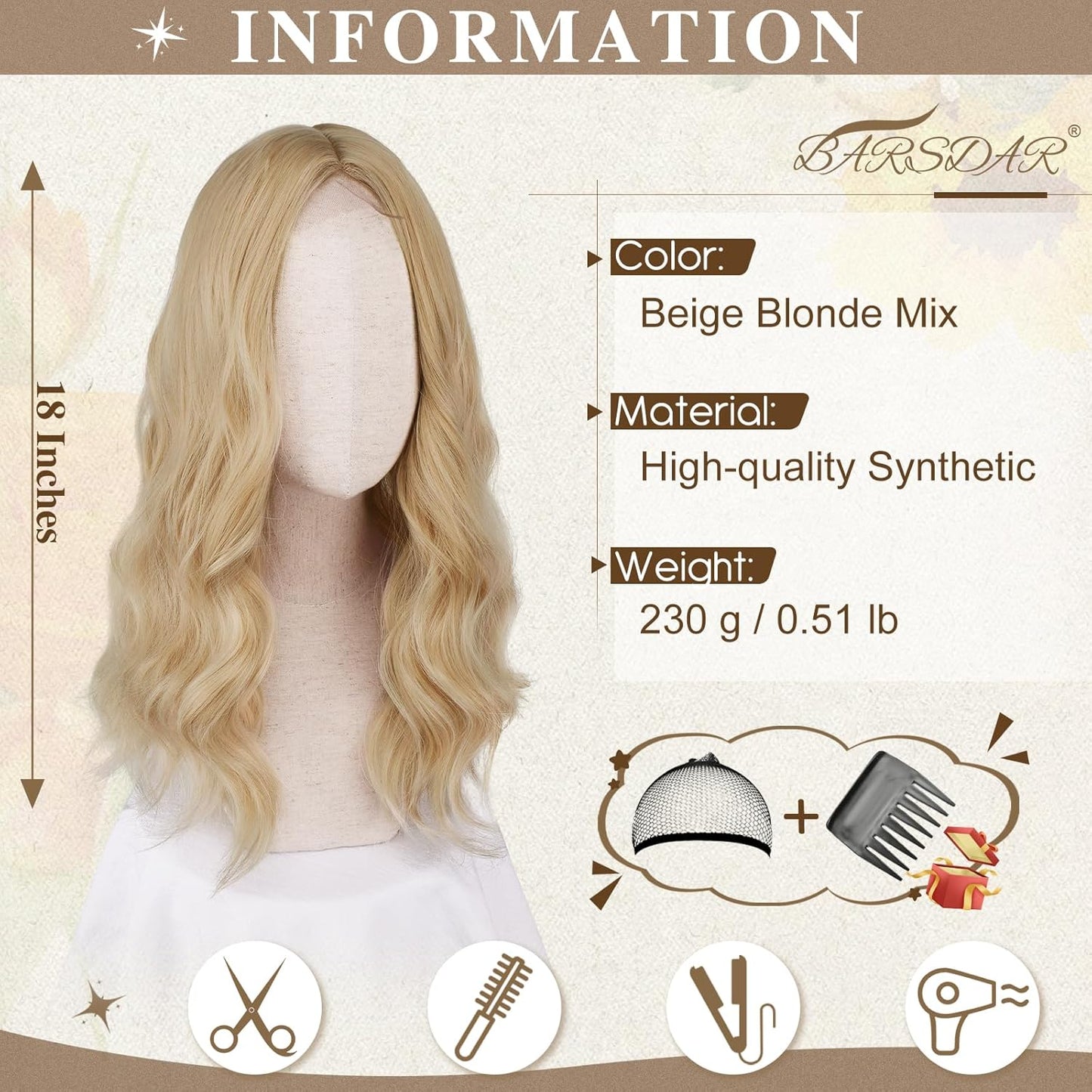 18 Inch Wavy Beige Blonde Wig - Medium Length Synthetic Wig for Women | Natural Soft Waves for Daily Wear & Parties