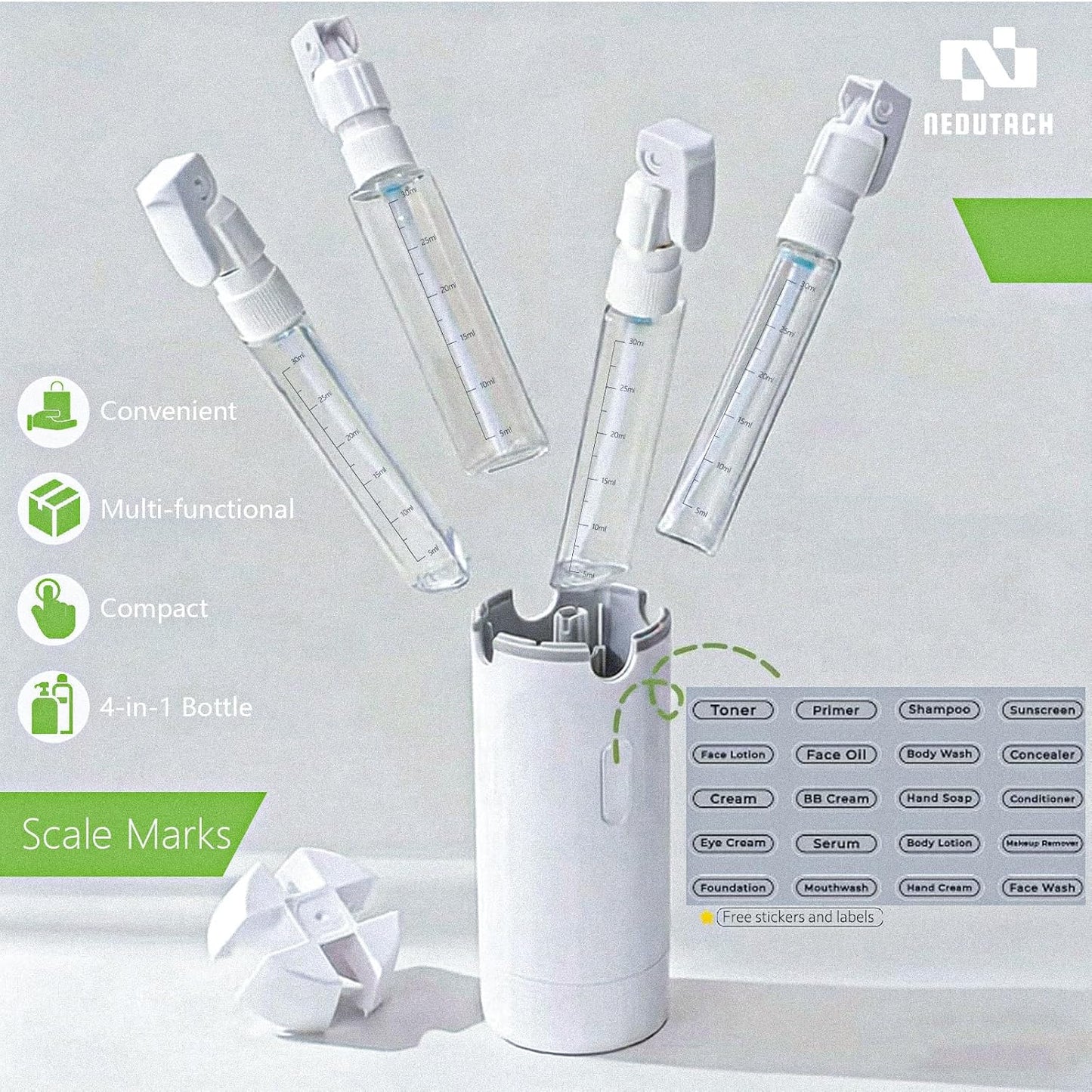 Travel Dispenser Bottles - 4-in-1 Refillable Leak-Proof TSA Compliant Toiletry Containers | Green