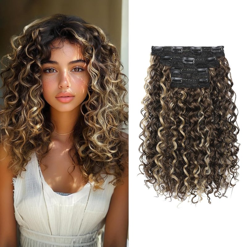 Flufymooz 4PC Clip-In Hair Extensions - 14 Inch Natural Soft Deep Curly Wavy Hairpiece | Medium Brown Ash Blonde Highlights