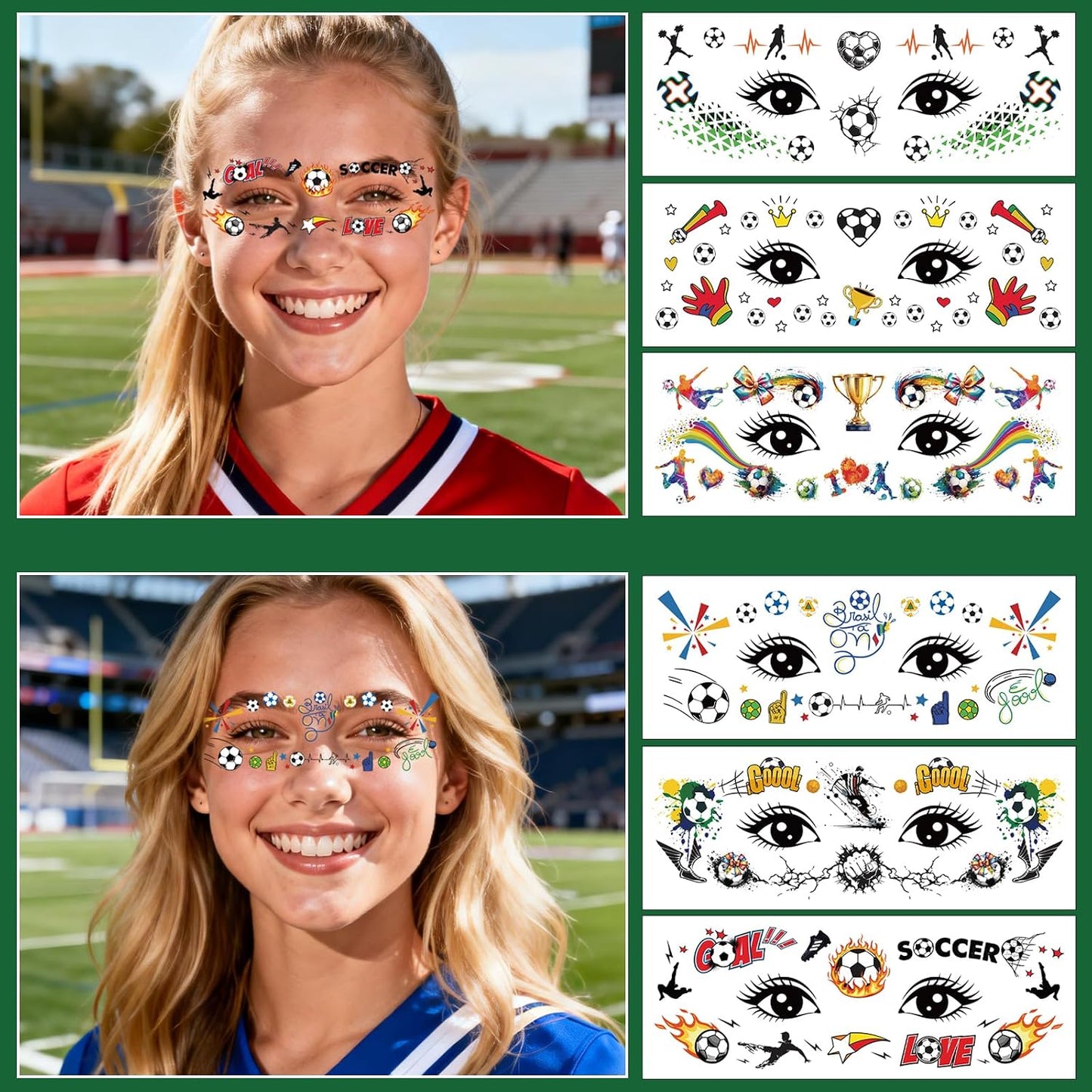 Soccer Temporary Tattoos - Waterproof Cartoon Face Stickers | 6 Fun Styles for Party Makeup