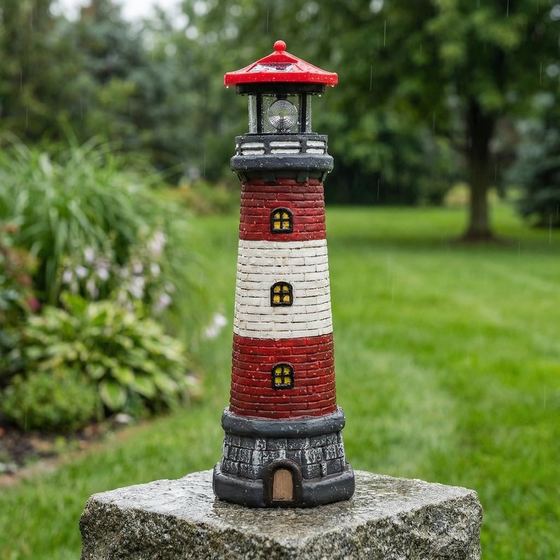 Solar Lighthouse Outdoor Statues, 360° Rotating Beacon Garden Lighthouse, 15" Light House for Outside Garden Yard Decor, Waterproof Resin Nautical Figurines for Patio Lawn Landscape Lighting (Red)