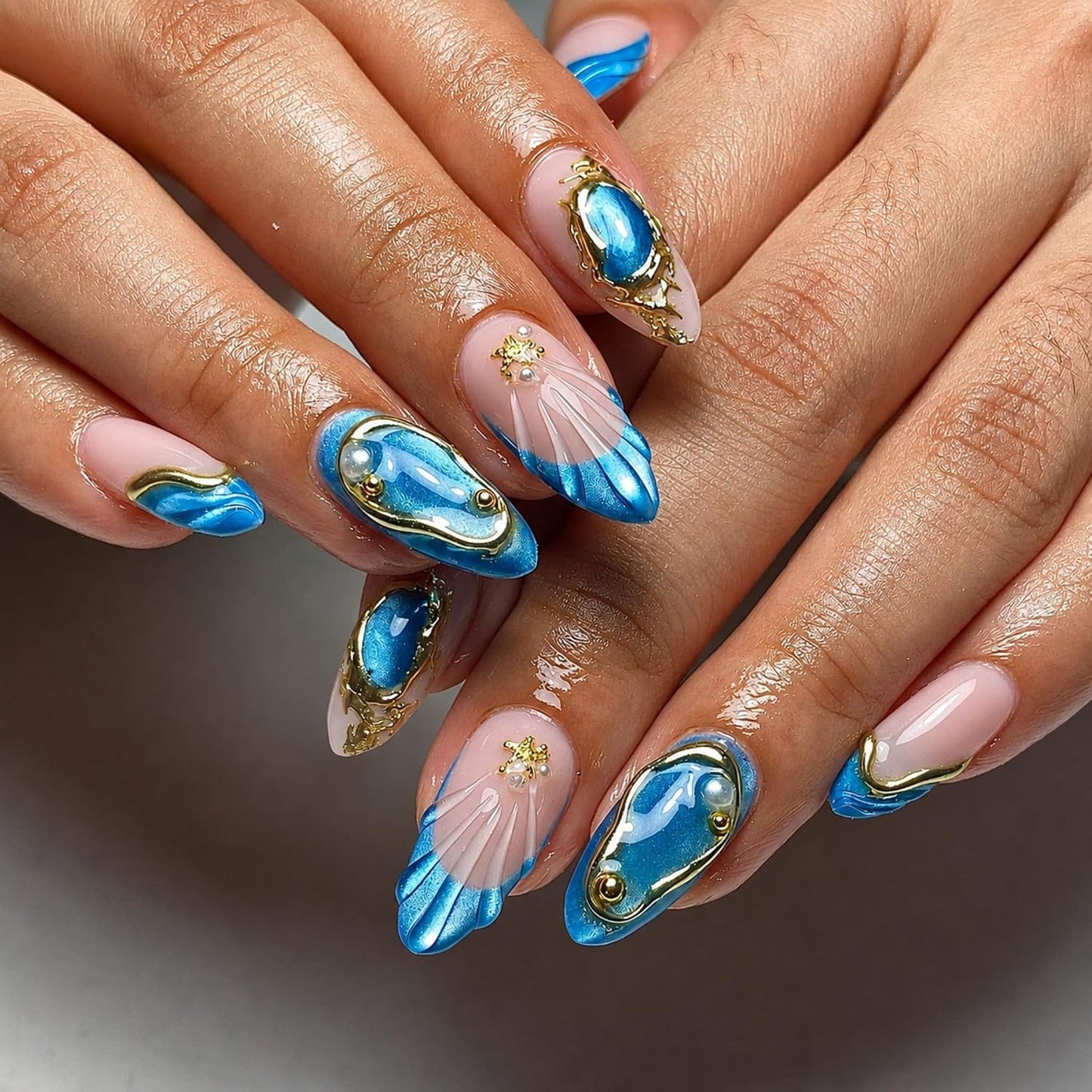 Almond Press-On Nails - Ombre French Tip with Butterfly Designs | 24 Pcs Set for Women