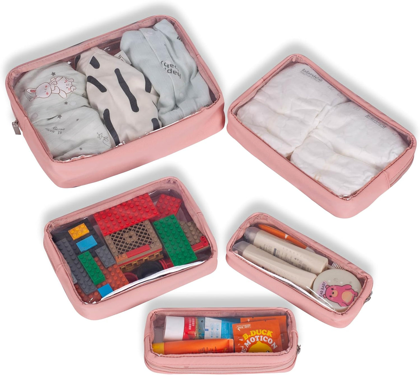 TSA Approved 5-Piece Diaper Bag Organizer Set - Clear Waterproof TPU Travel Packing Cubes for Baby (Pink Leather)